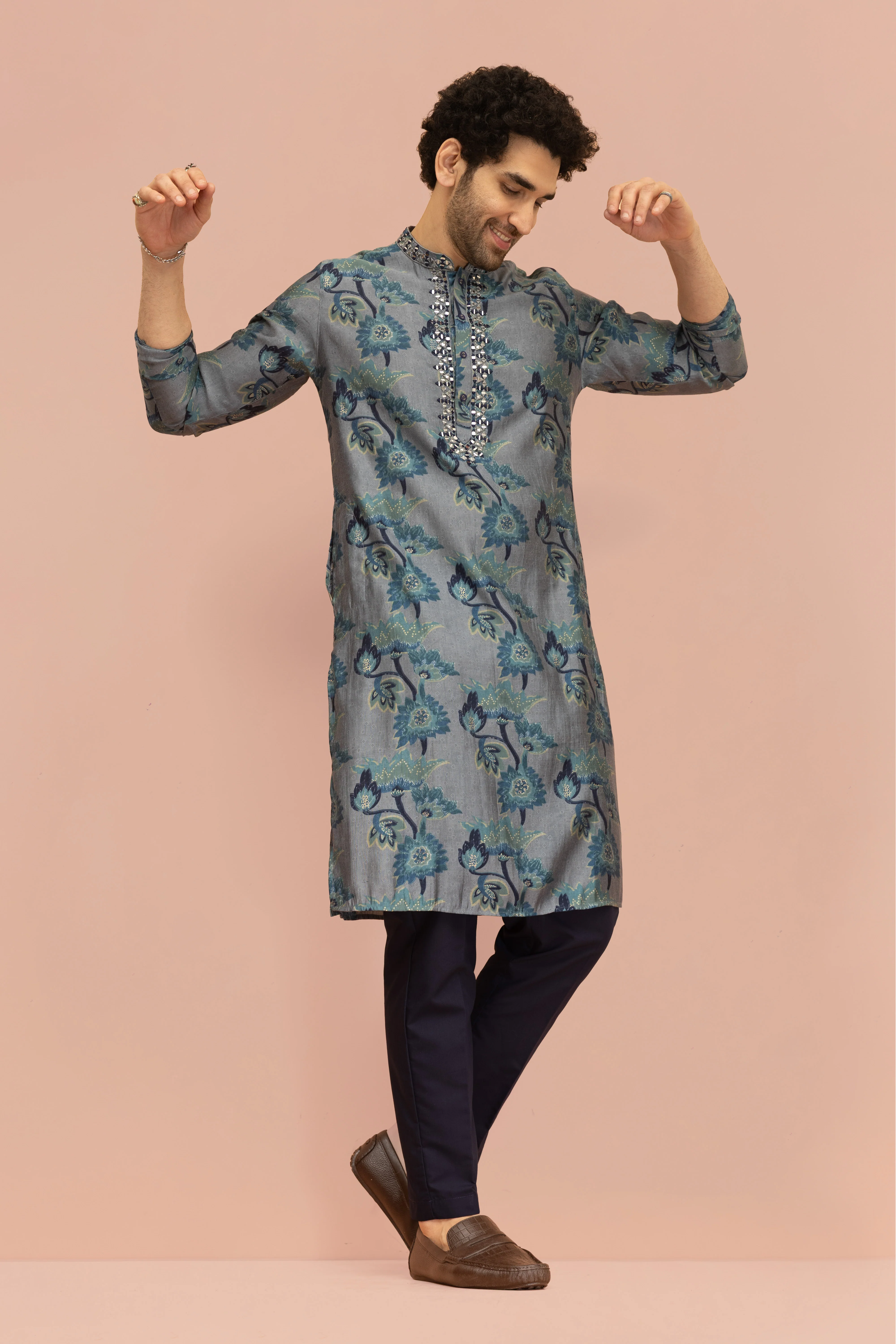 Men Navy Blue Floral Printed Kurta Trouser Set - Image 8