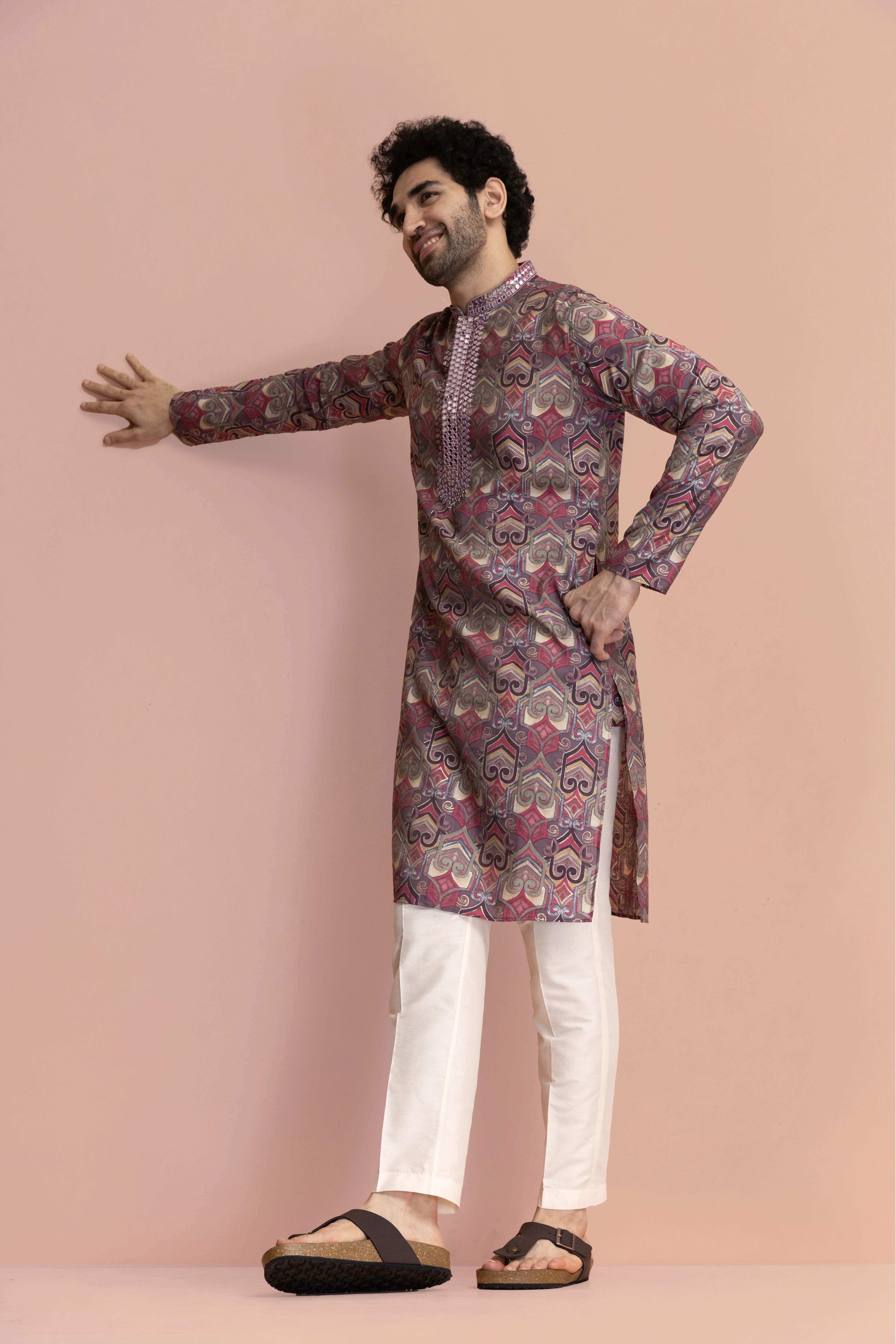 Men Mauve Abstract Printed Kurta Trouser Set