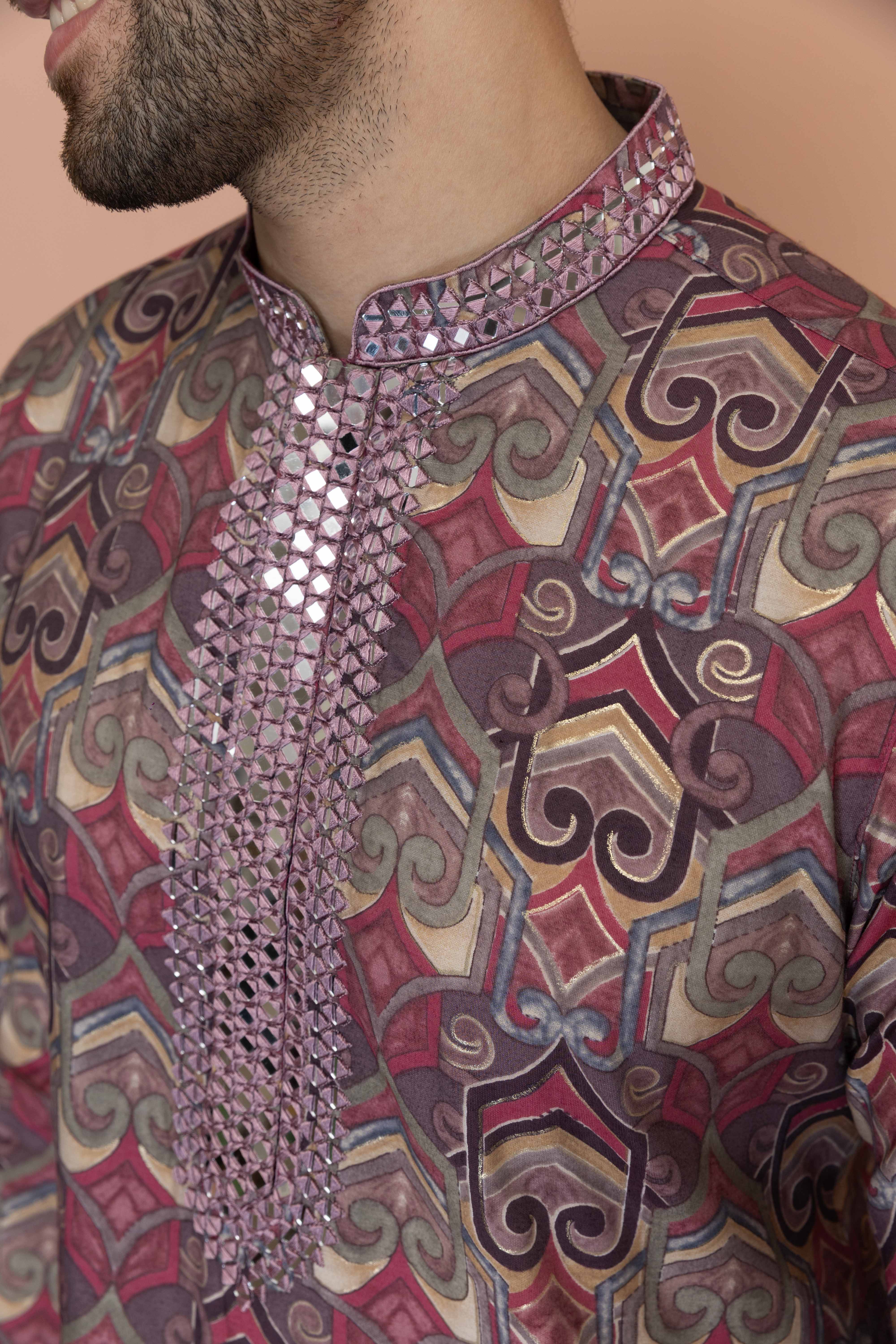 Men Mauve Abstract Printed Kurta Trouser Set - Image 5