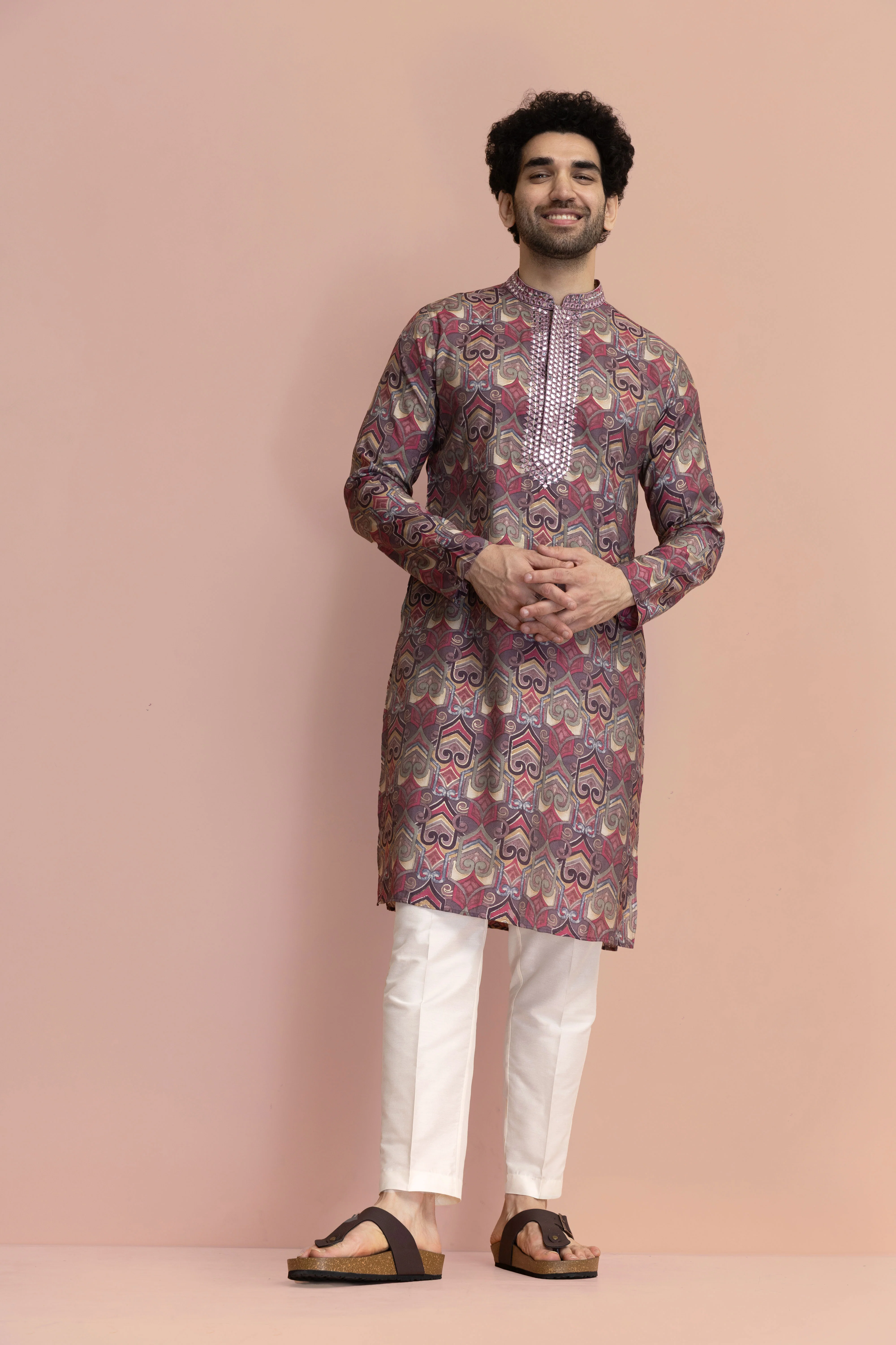 Men Mauve Abstract Printed Kurta Trouser Set - Image 8