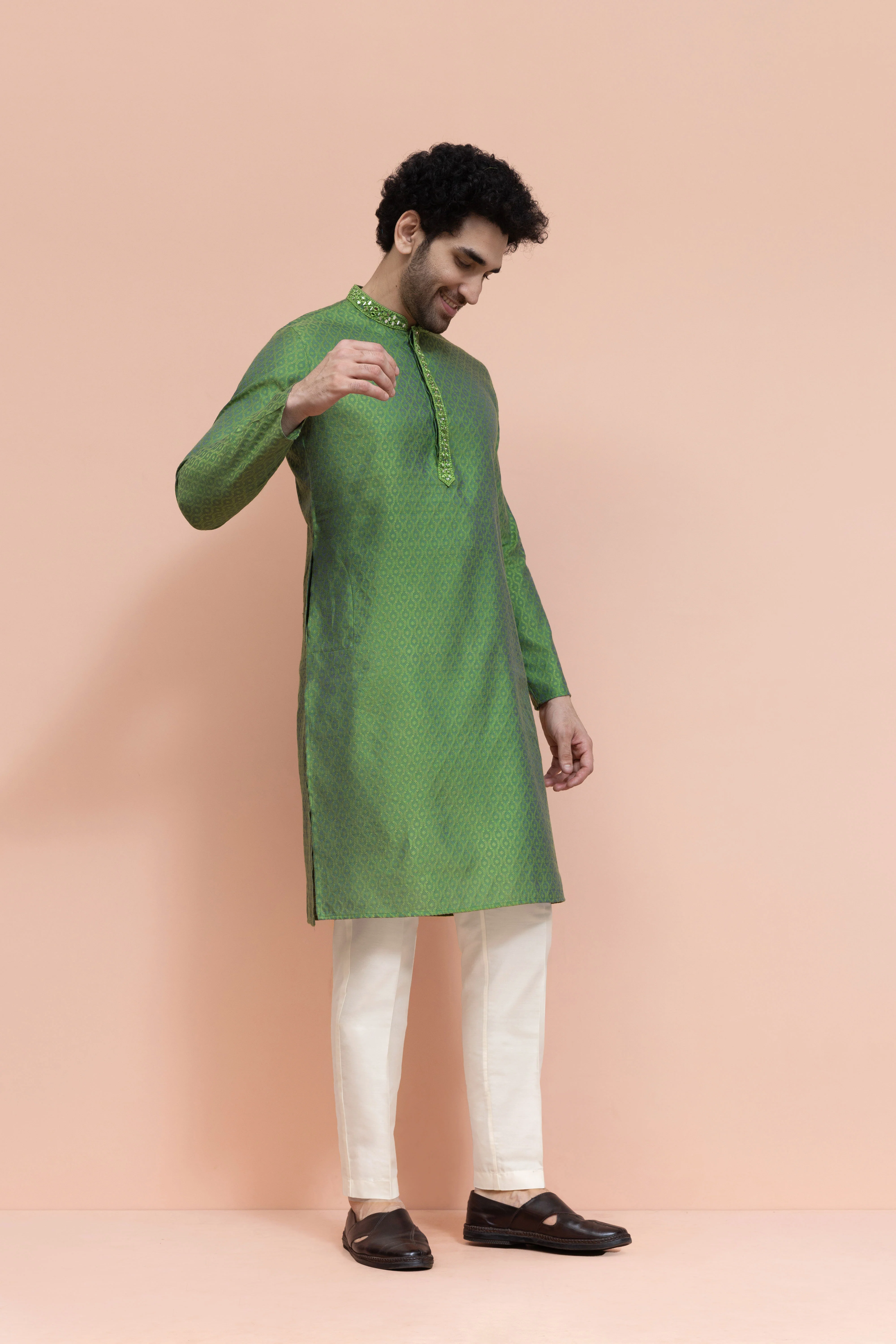 Men Green Ethnic Motifs Mirror work Kurta - Image 3