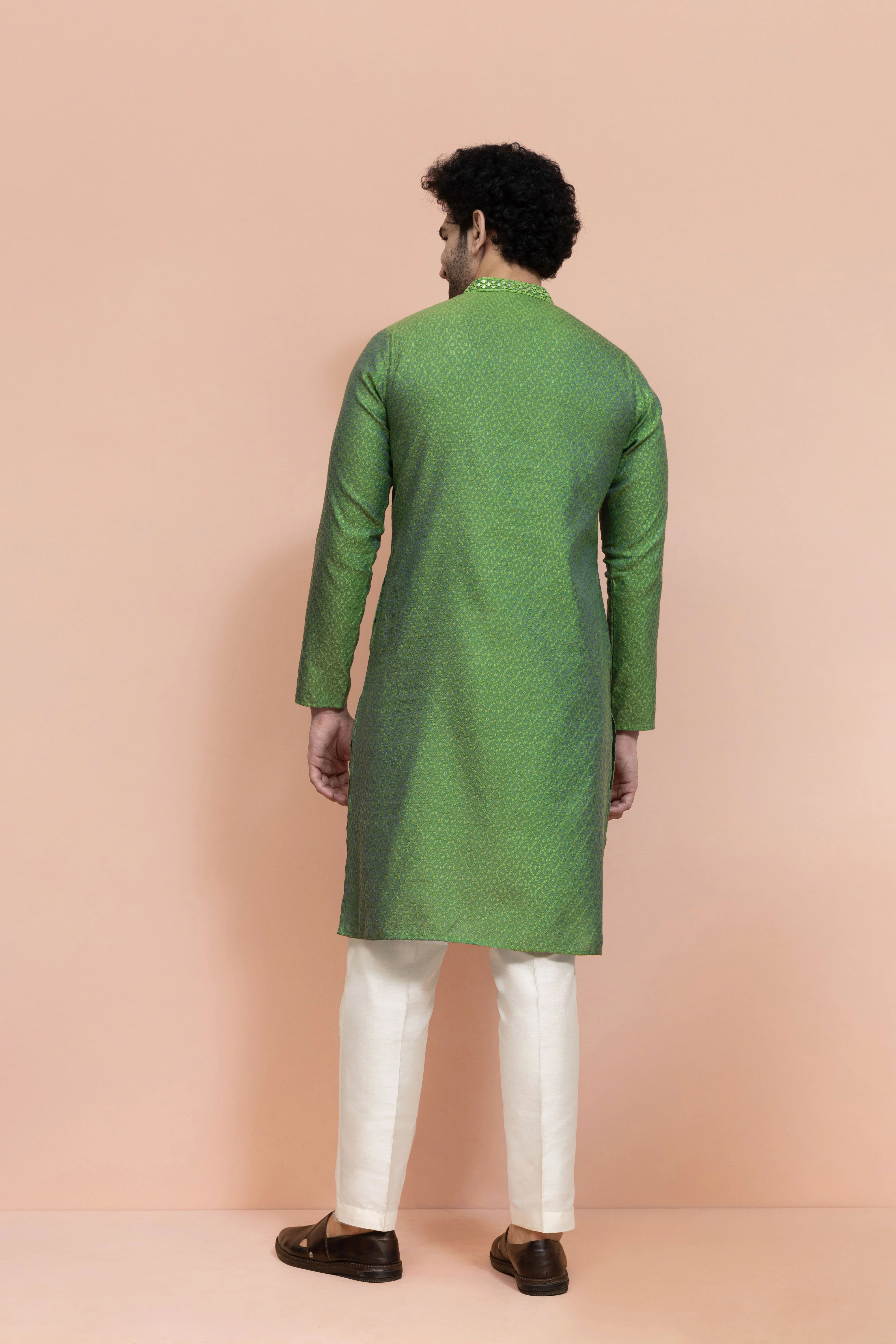 Men Green Ethnic Motifs Mirror work Kurta - Image 4