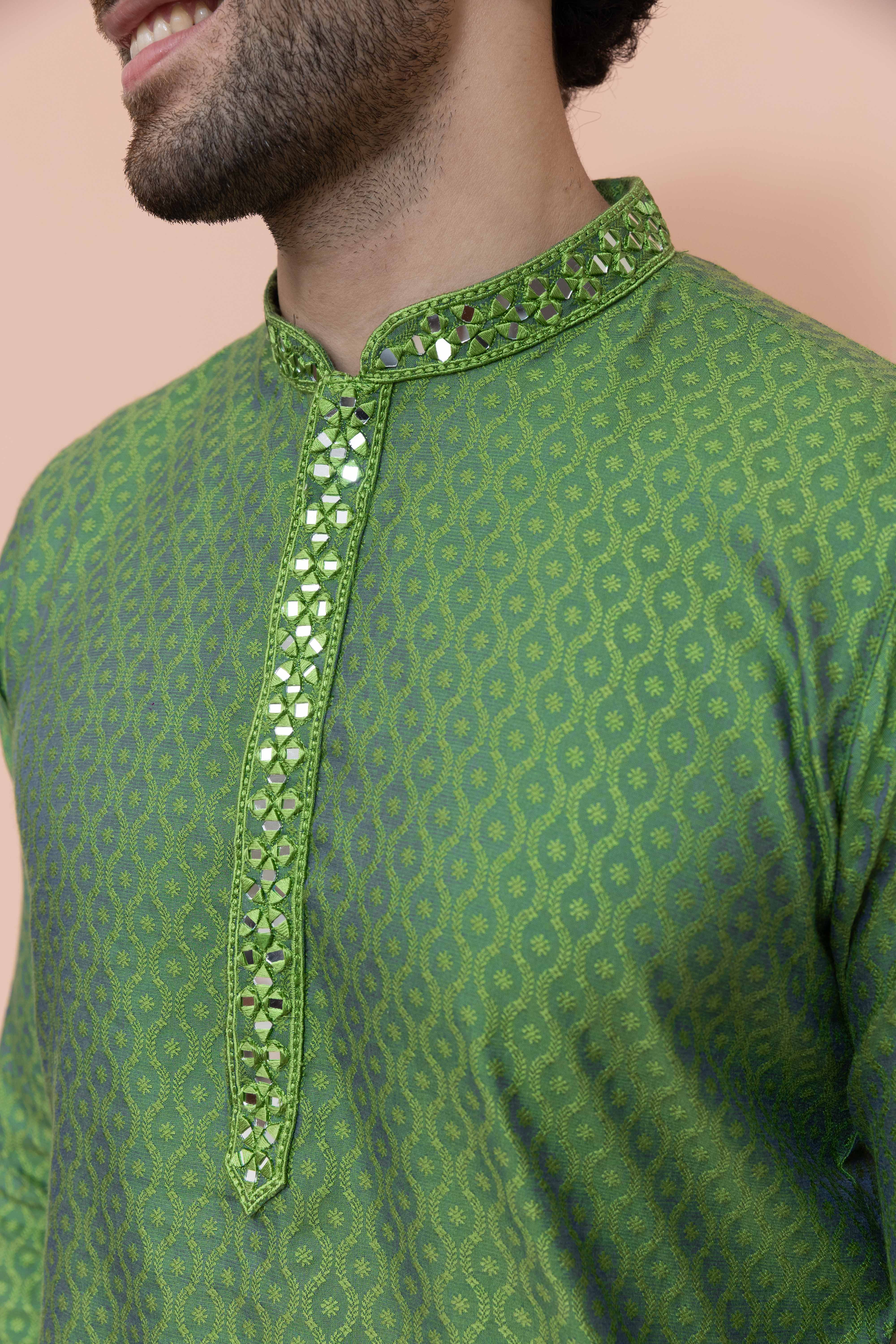 Men Green Ethnic Motifs Mirror work Kurta - Image 5