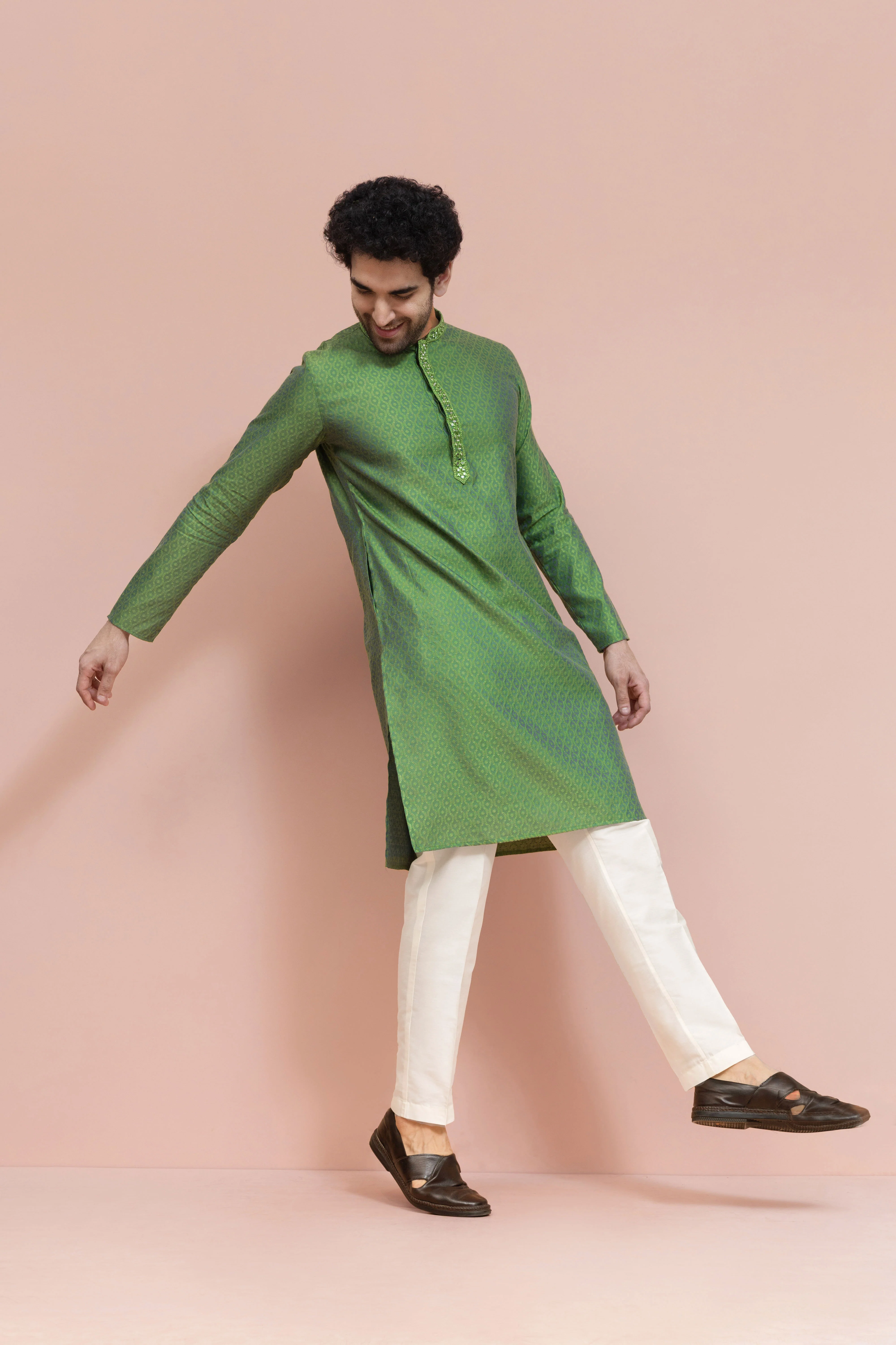 Men Green Ethnic Motifs Mirror work Kurta Trouser Set - Image 7