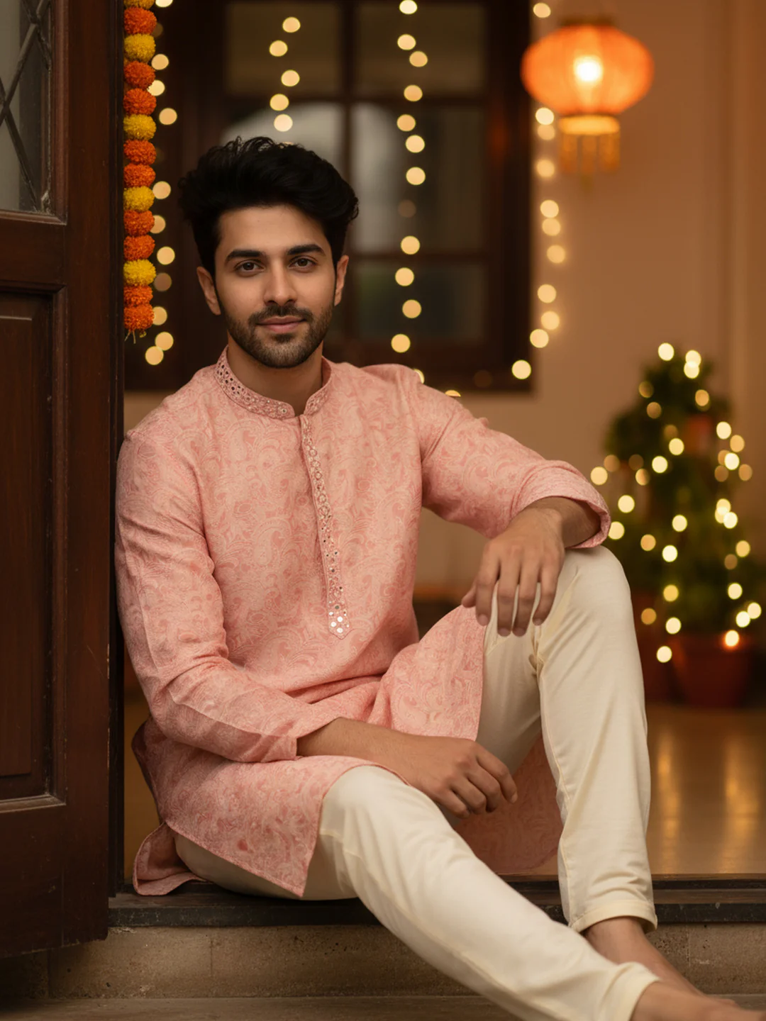 Men Pink Floral Mirror work Kurta Trouser Set