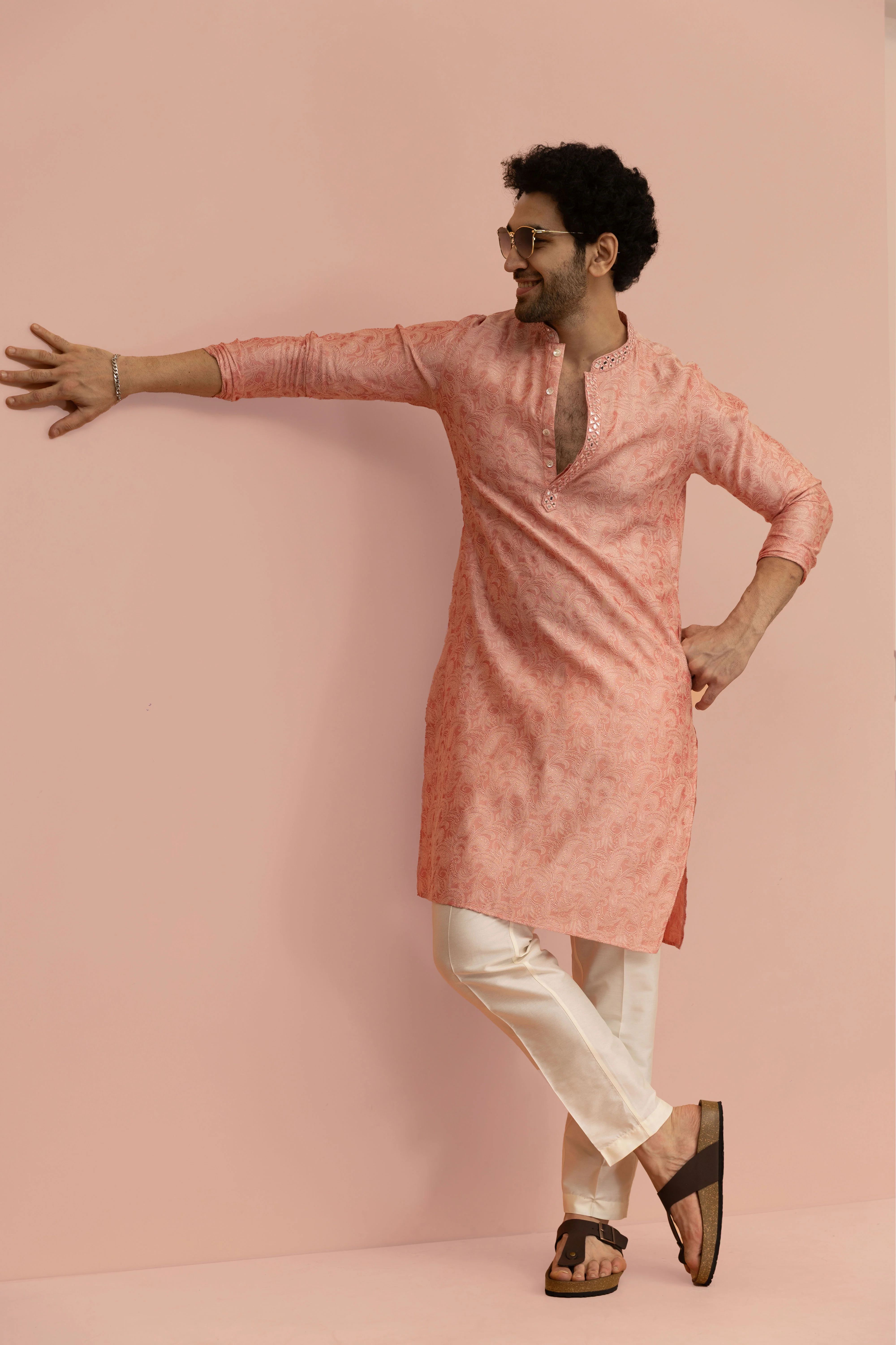 Men Pink Floral Mirror work Kurta Trouser Set - Image 2