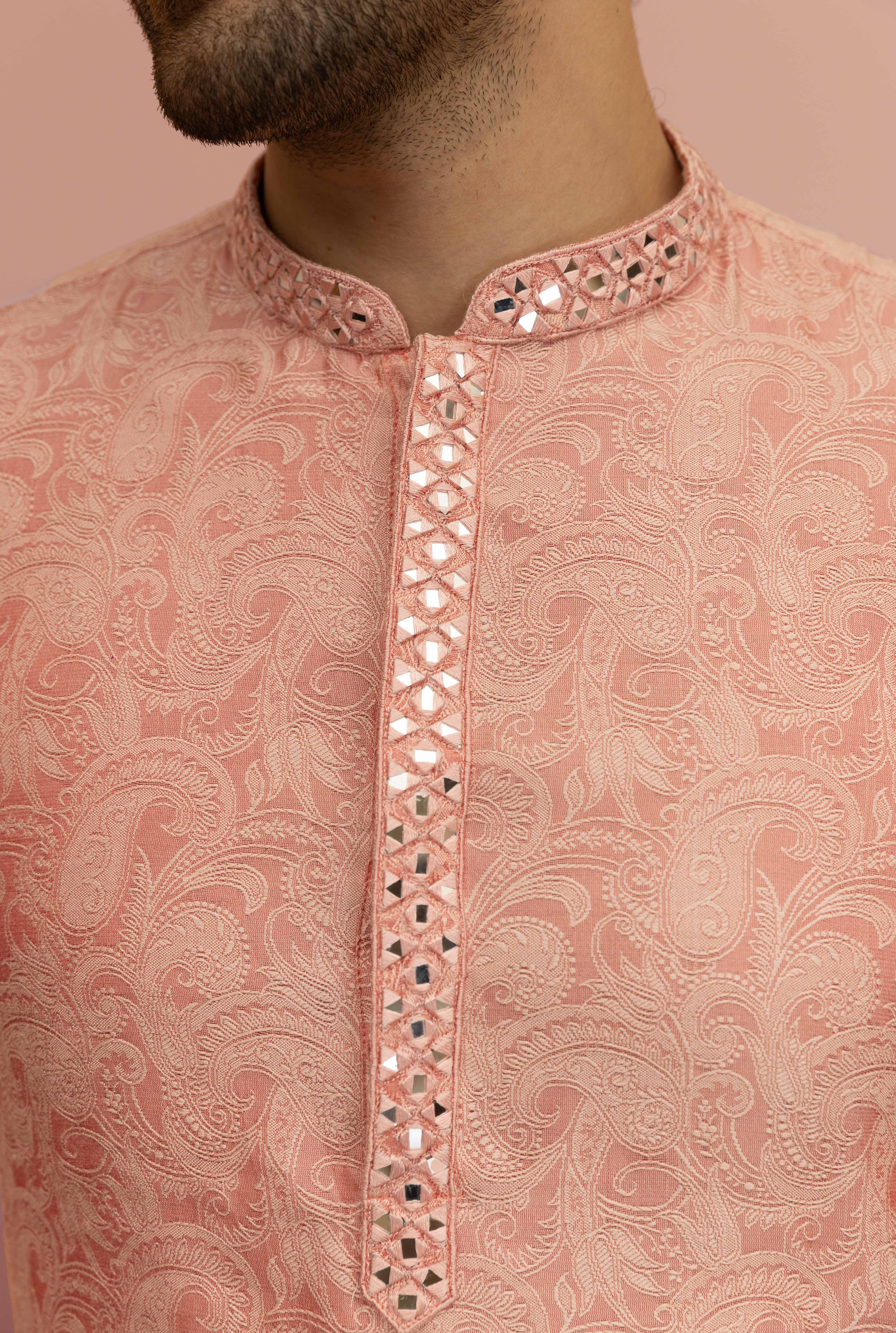 Men Pink Floral Mirror work Kurta Trouser Set - Image 6