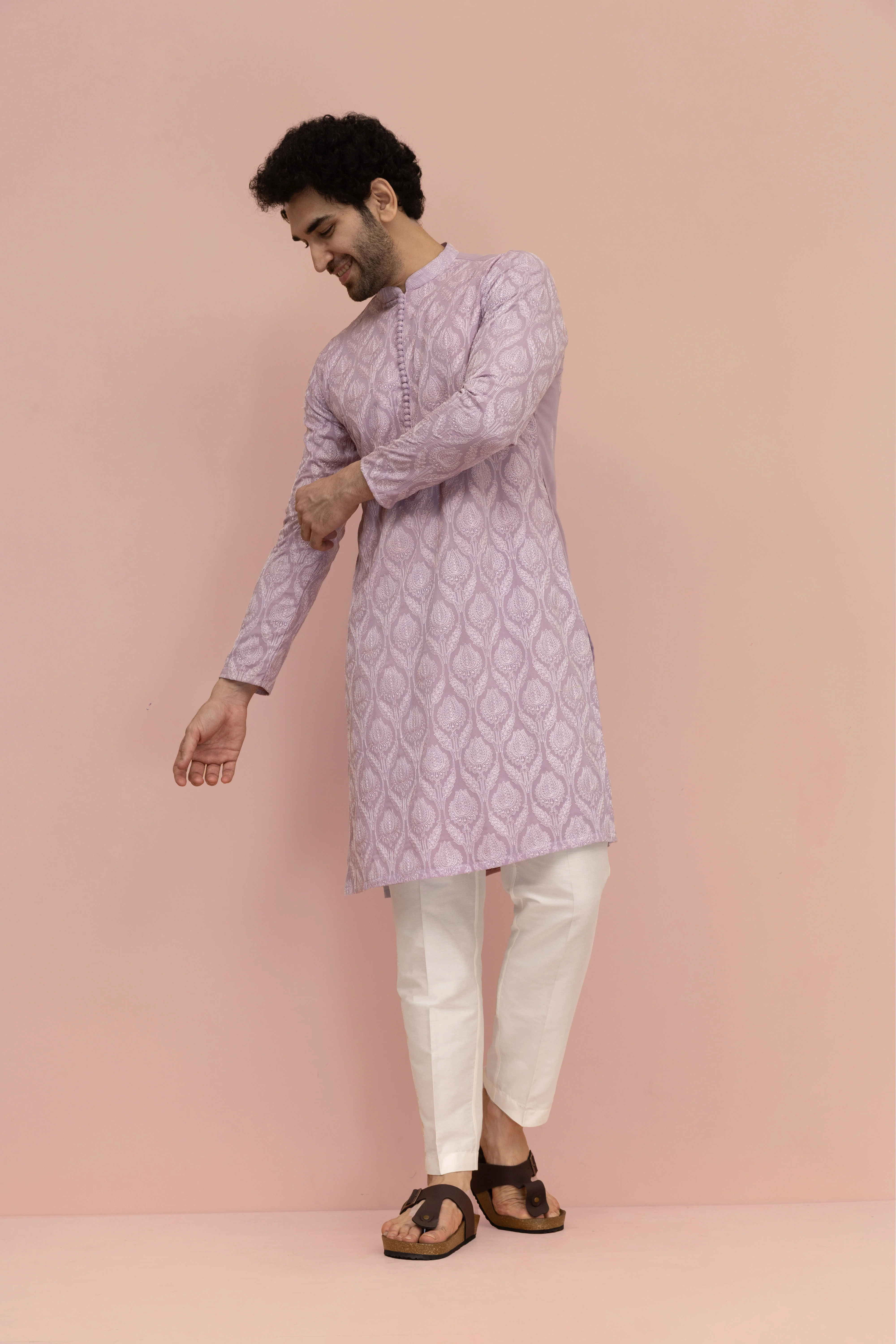 Men Lilac Embroidered Heavy Thread Work Kurta - Image 7