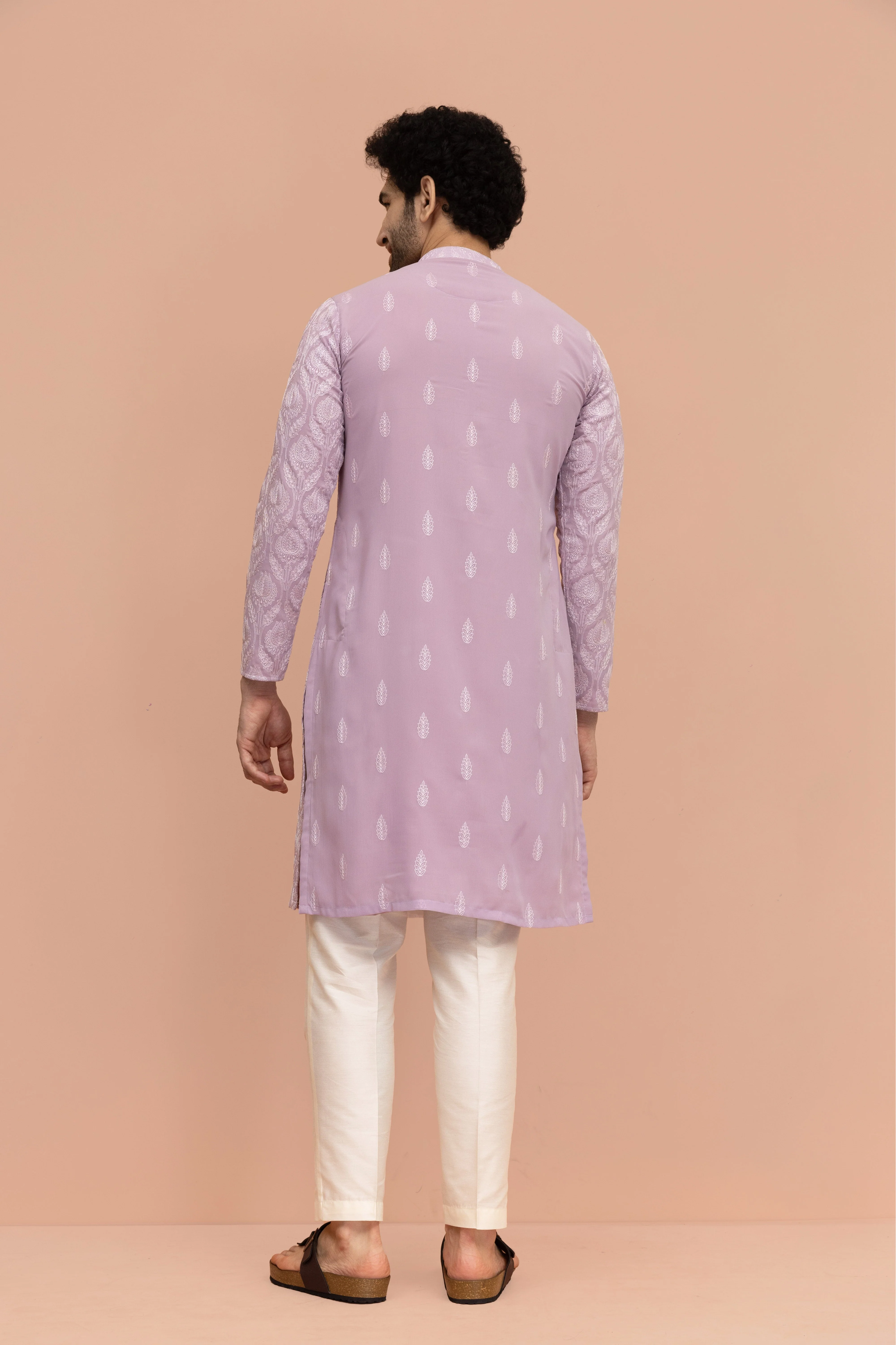 Men Lilac Embroidered Heavy Thread Work Kurta - Image 9