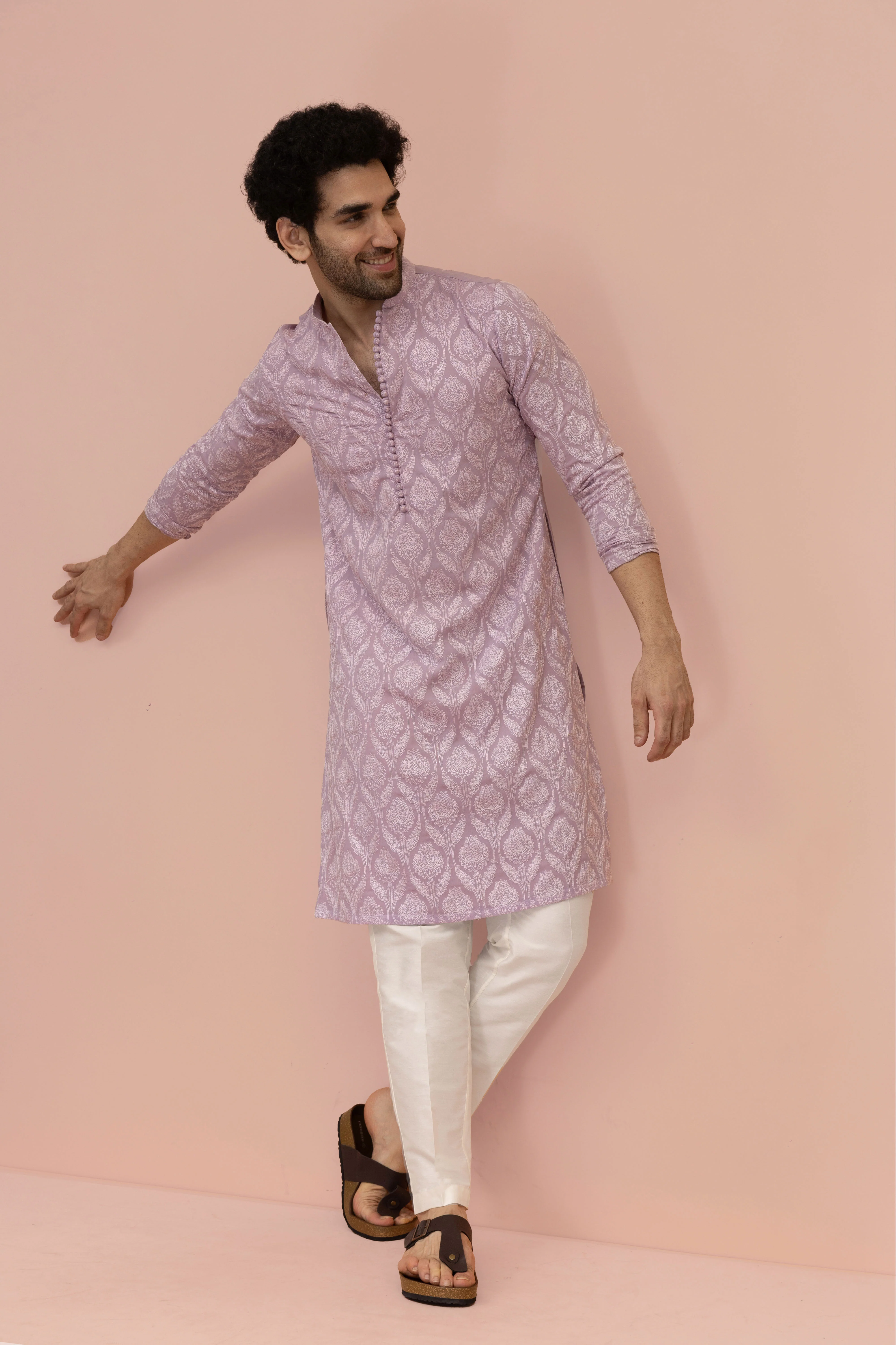 Men Lilac Embroidered Heavy Thread Work Kurta Trouser Set