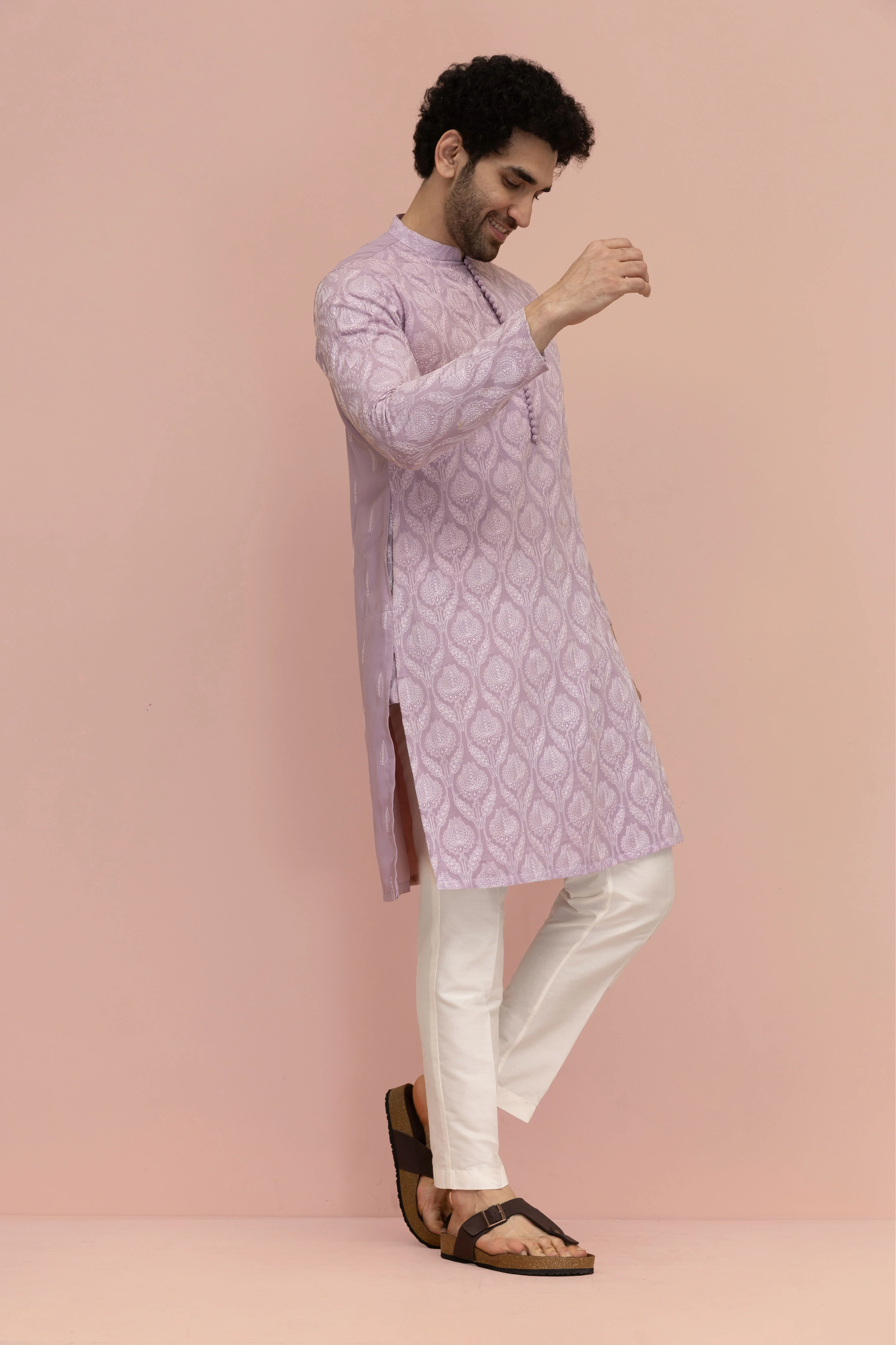 Men Lilac Embroidered Heavy Thread Work Kurta Trouser Set - Image 2