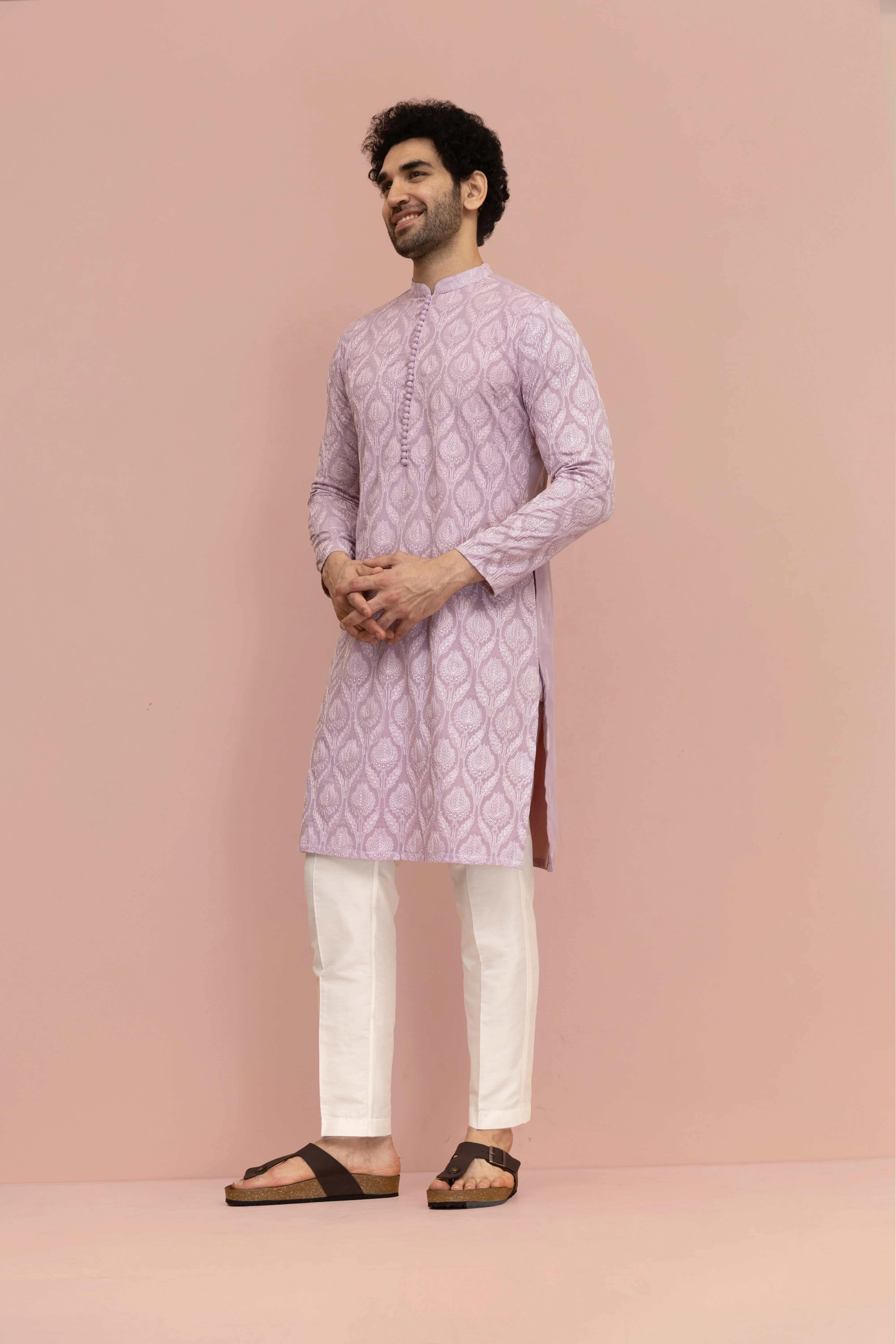 Men Lilac Embroidered Heavy Thread Work Kurta Trouser Set - Image 3