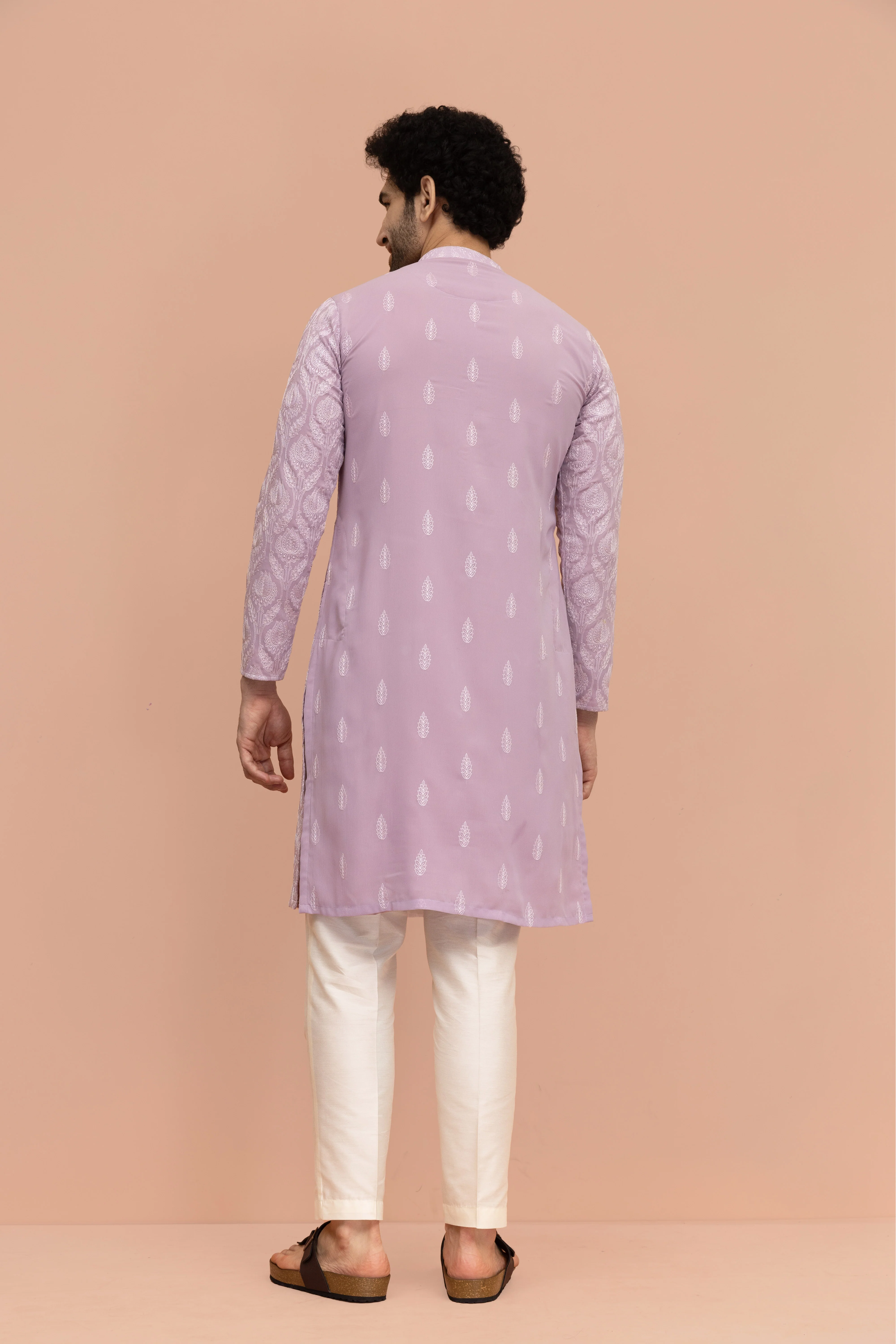 Men Lilac Embroidered Heavy Thread Work Kurta - Image 4