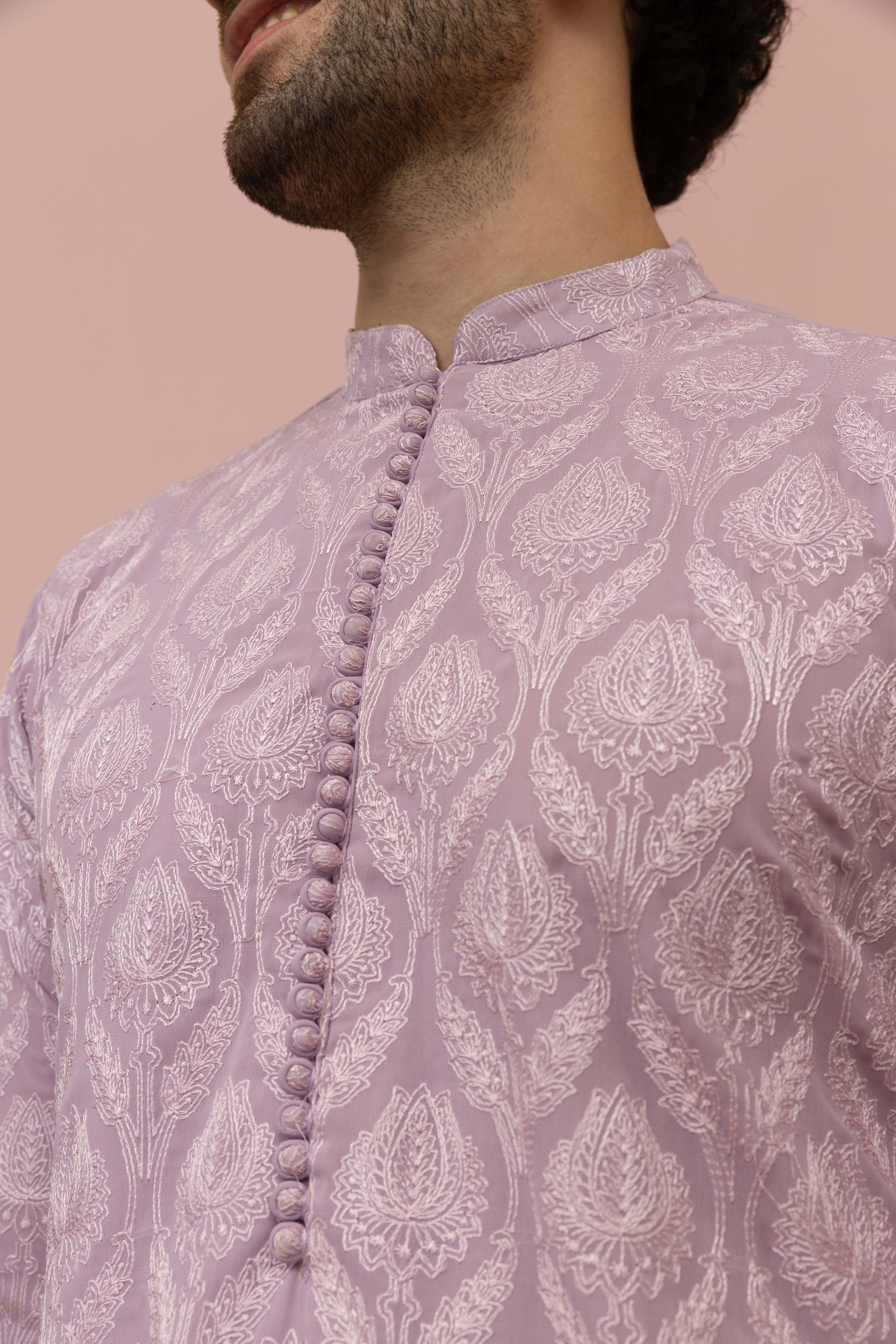 Men Lilac Embroidered Heavy Thread Work Kurta Trouser Set - Image 5