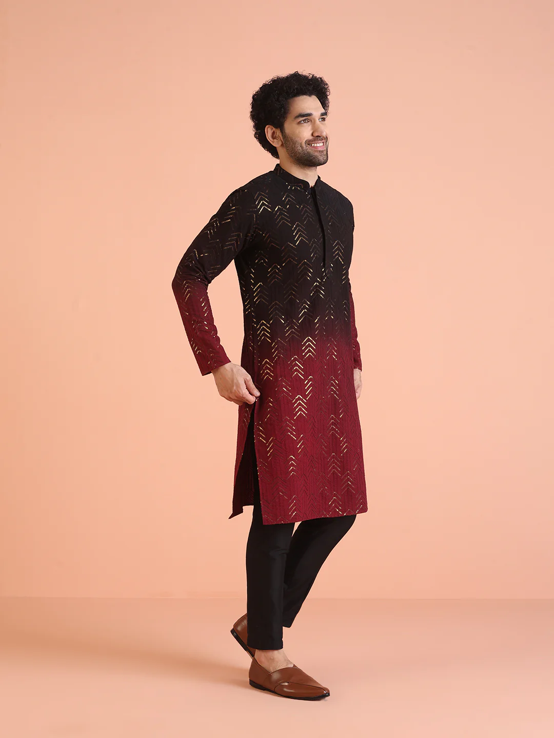 Men Ombre Embellished Sequinned Kurta Trouser Set - Image 2