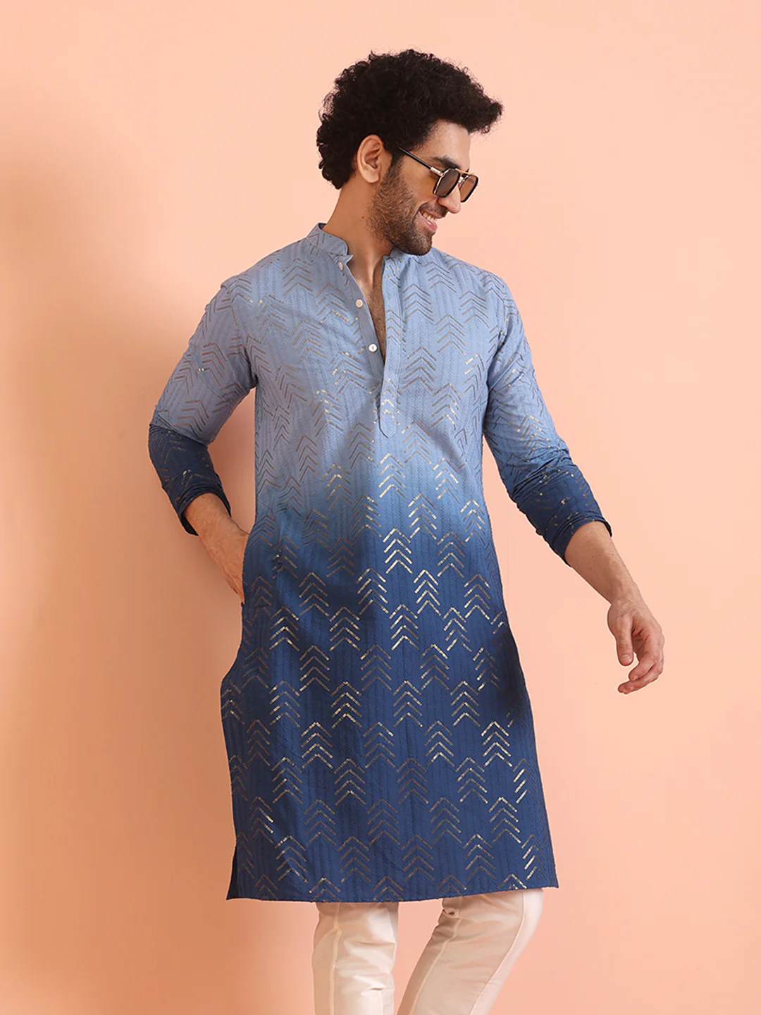Blue Ombre Foil Printed Kurta