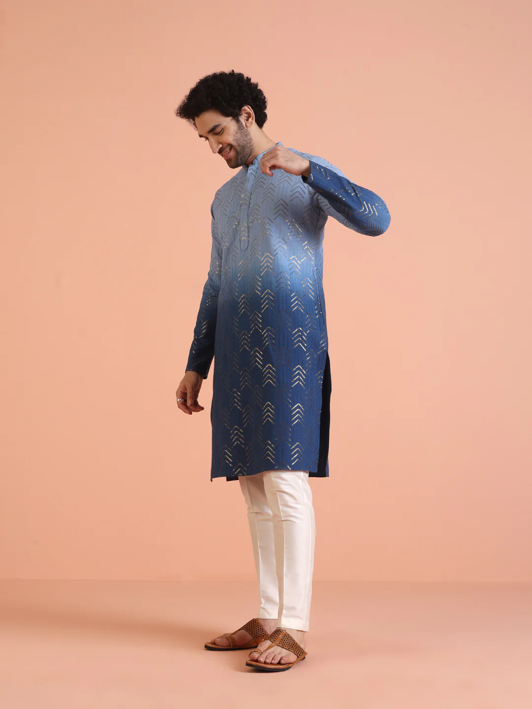 Blue Ombre Foil Printed Kurta - Image 3