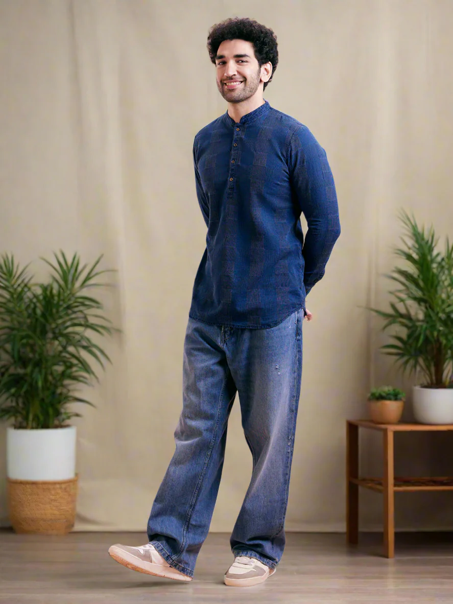 Indigo Blue Textured Denim Short Kurta
