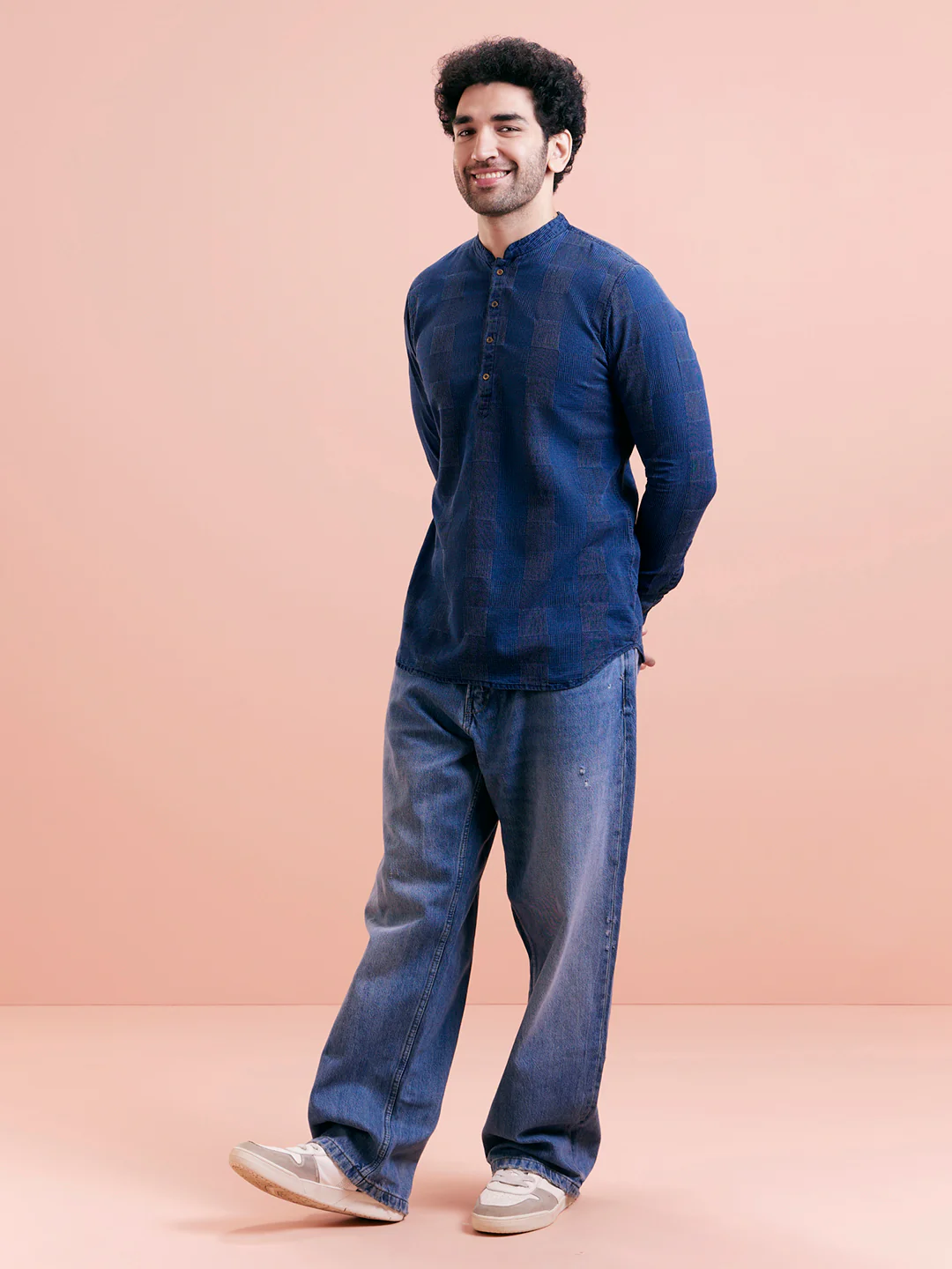 Indigo Blue Textured Denim Short Kurta - Image 3