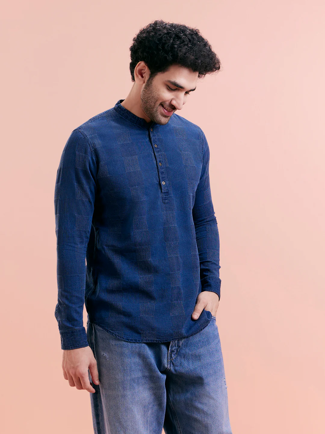 Indigo Blue Textured Denim Short Kurta - Image 9
