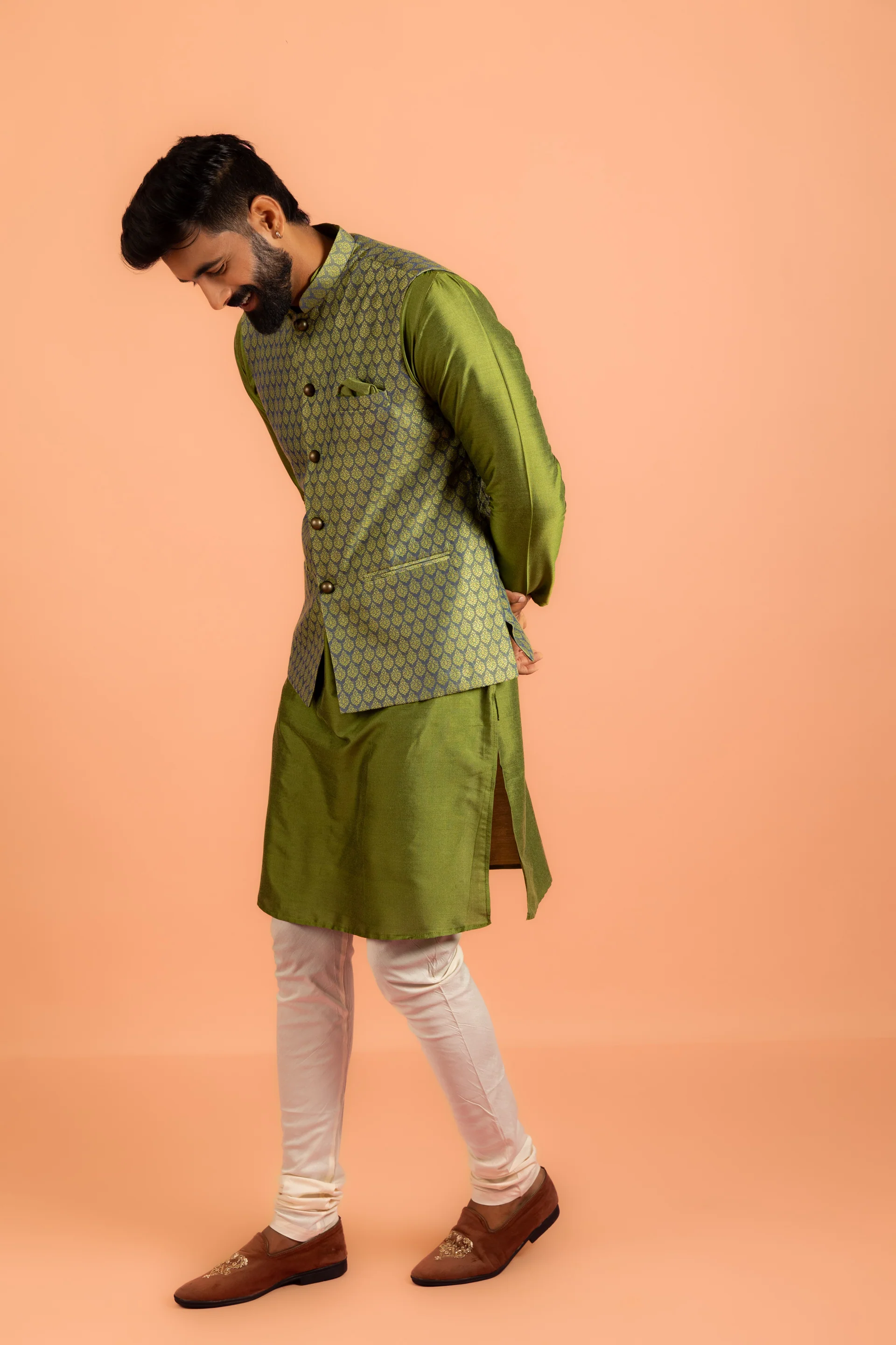 Green Silk Blend Jacquard Nehru Jacket - Image 2