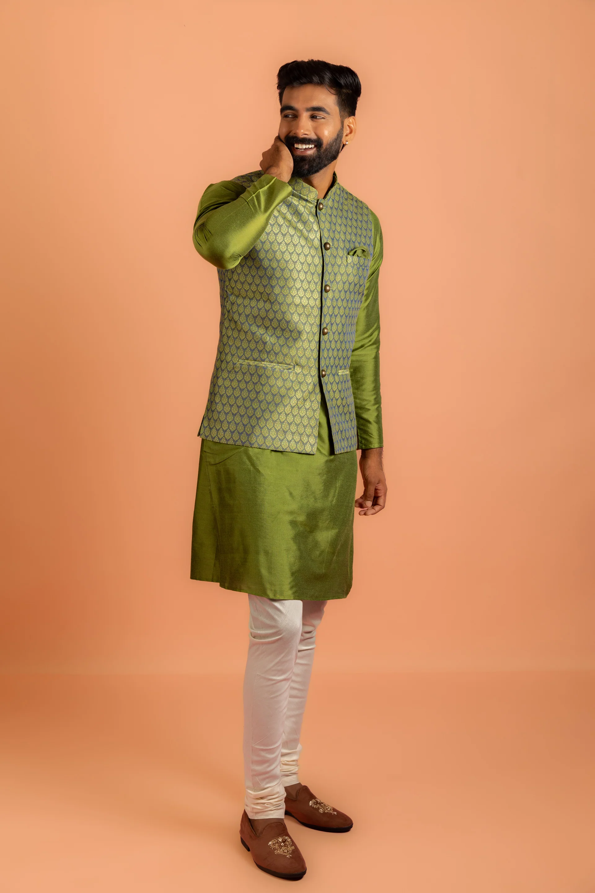 Green Silk Blend Jacquard Nehru Jacket - Image 3