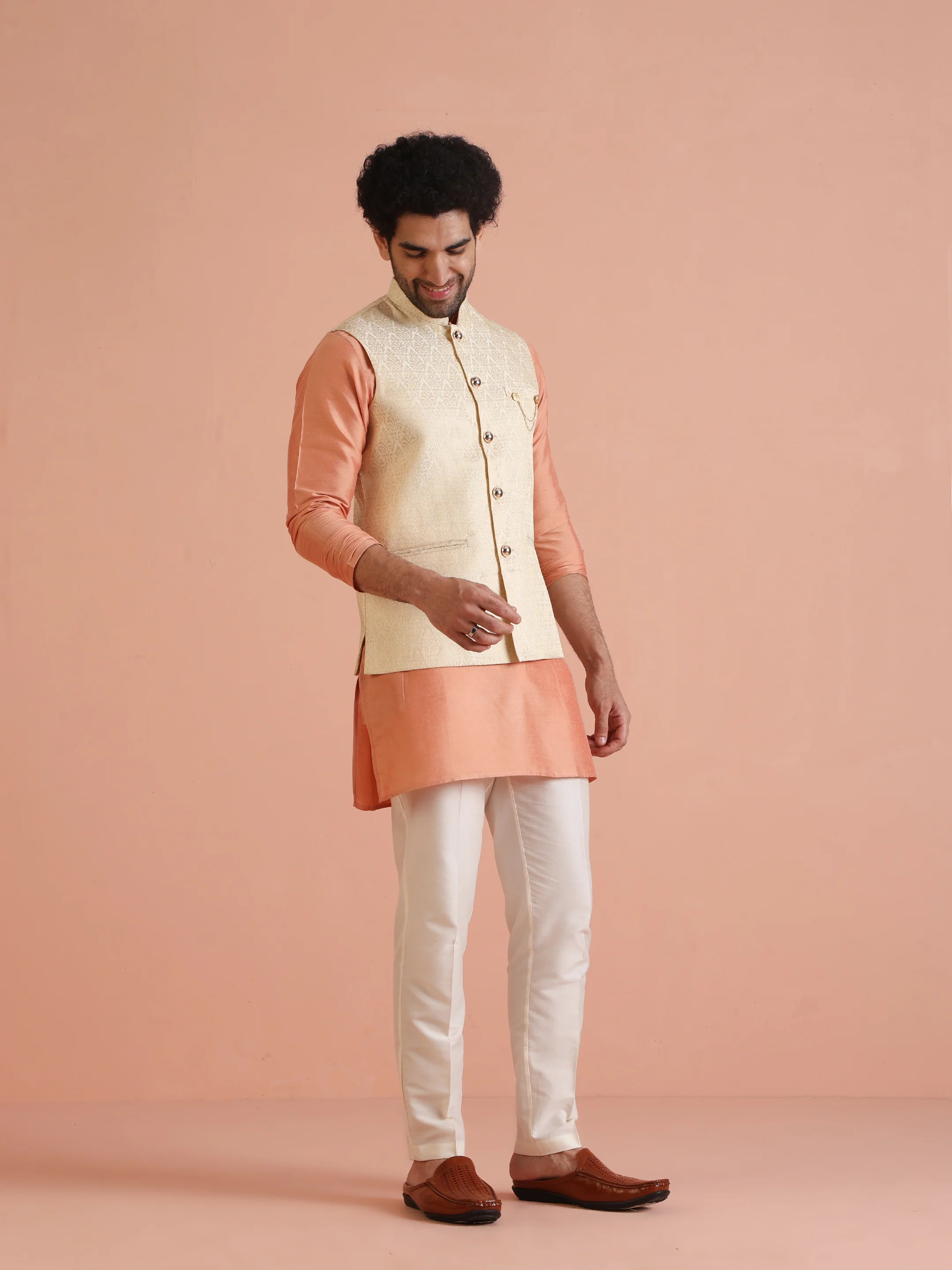 Cream Silk Blend Jacquard Nehru Jacket - Image 4