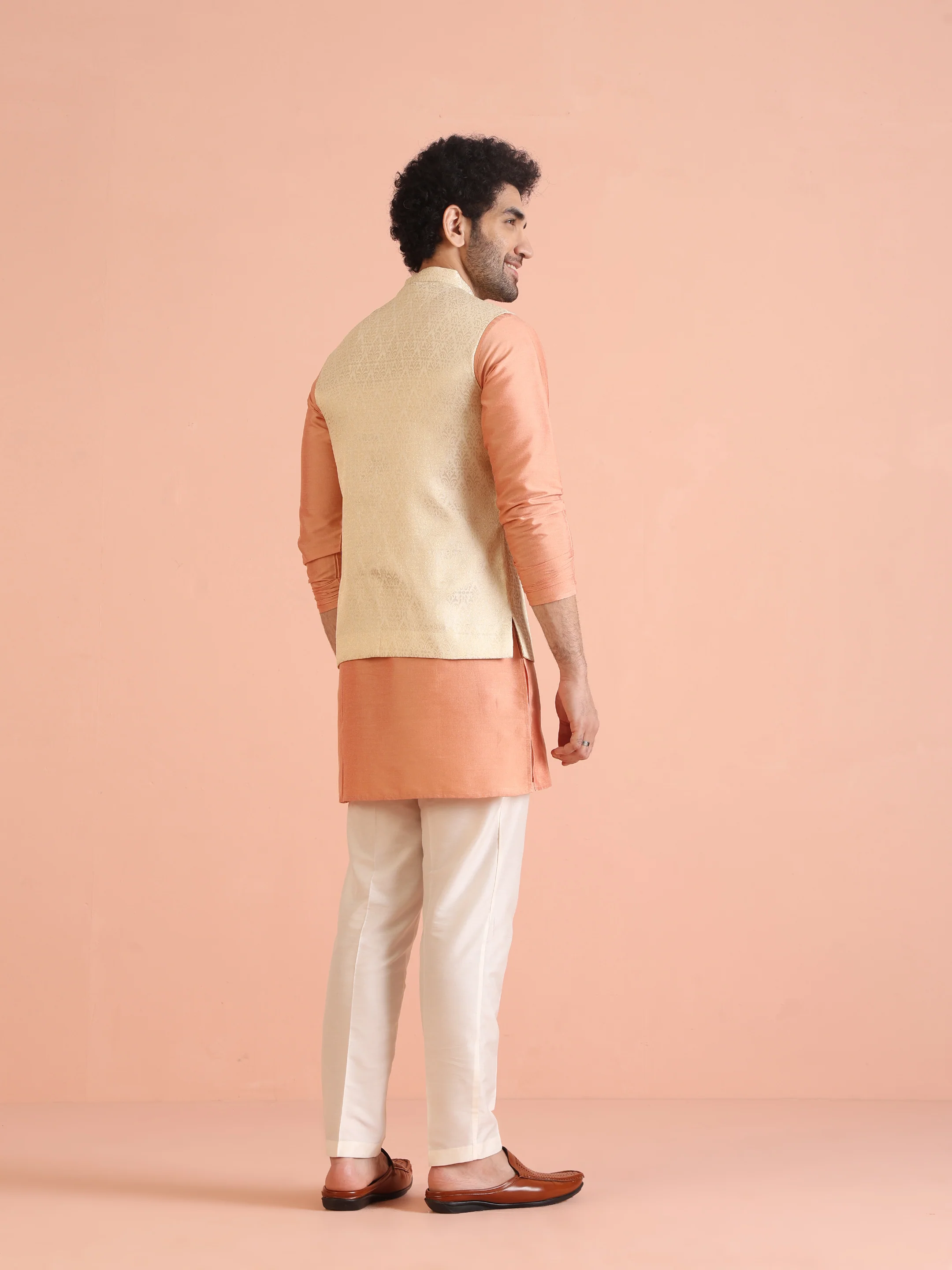 Cream Silk Blend Jacquard Nehru Jacket - Image 5