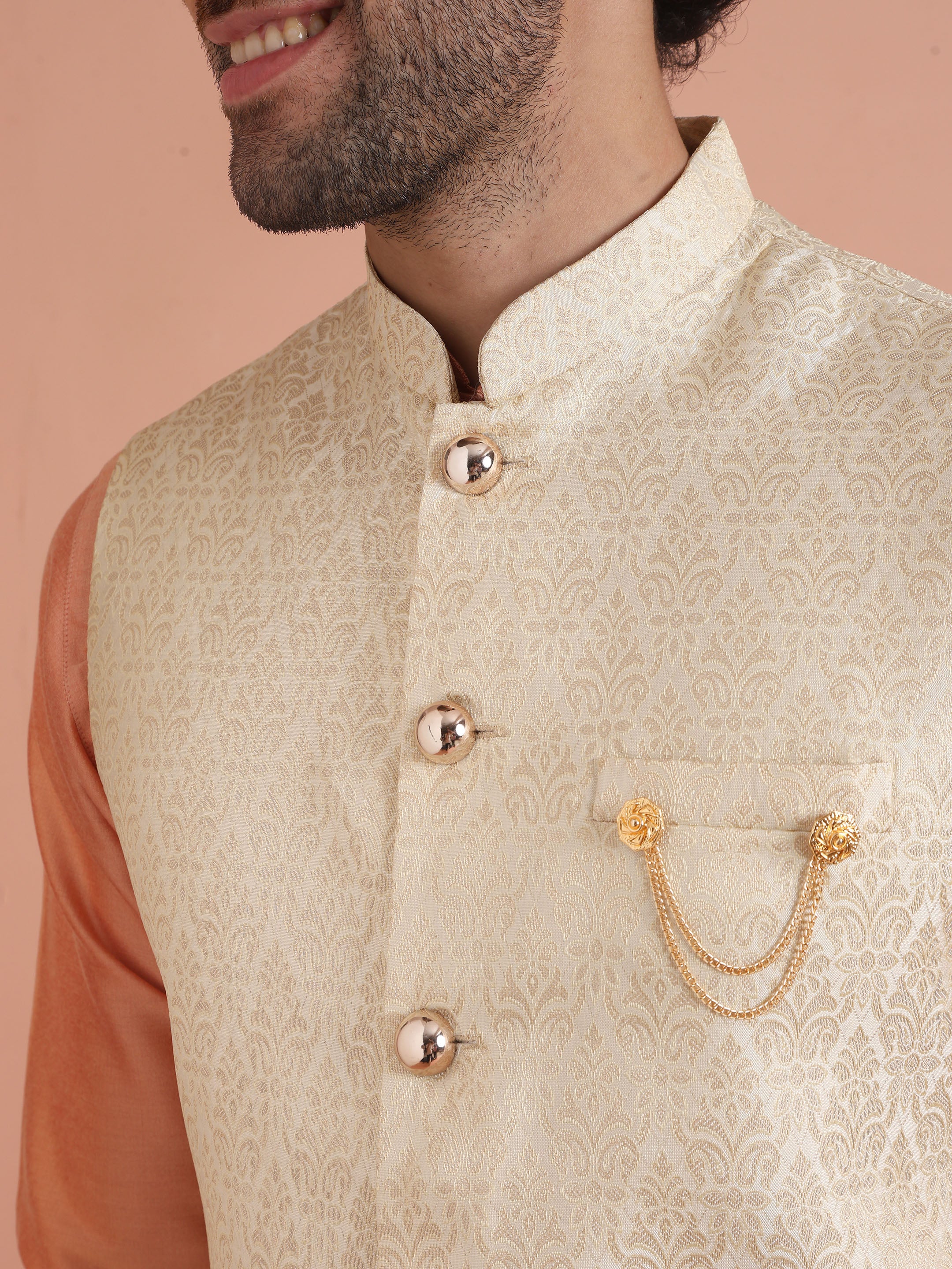 Cream Silk Blend Jacquard Nehru Jacket - Image 6