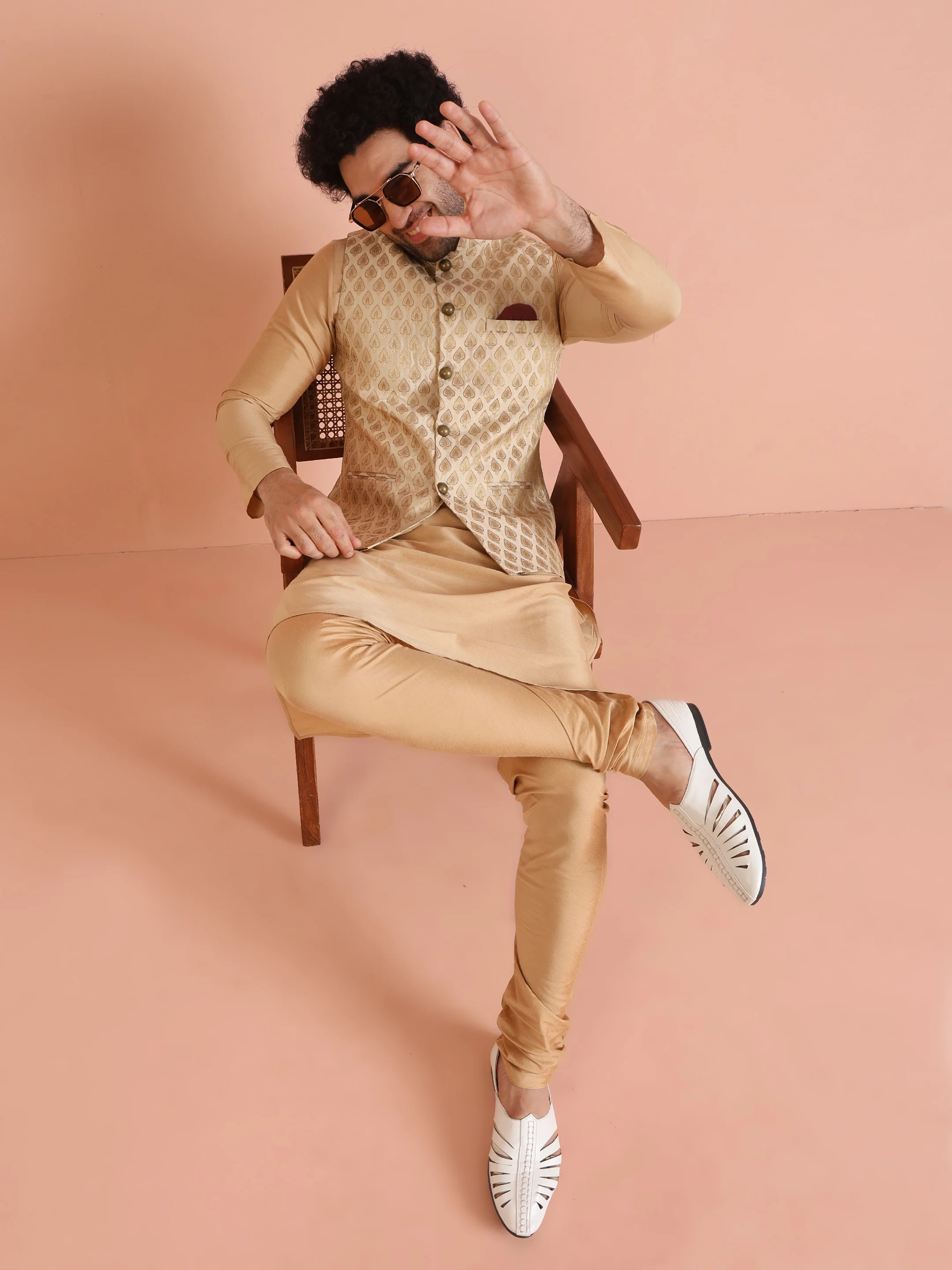 Cream Silk Blend Golden Jacquard Nehru Jacket - Image 7