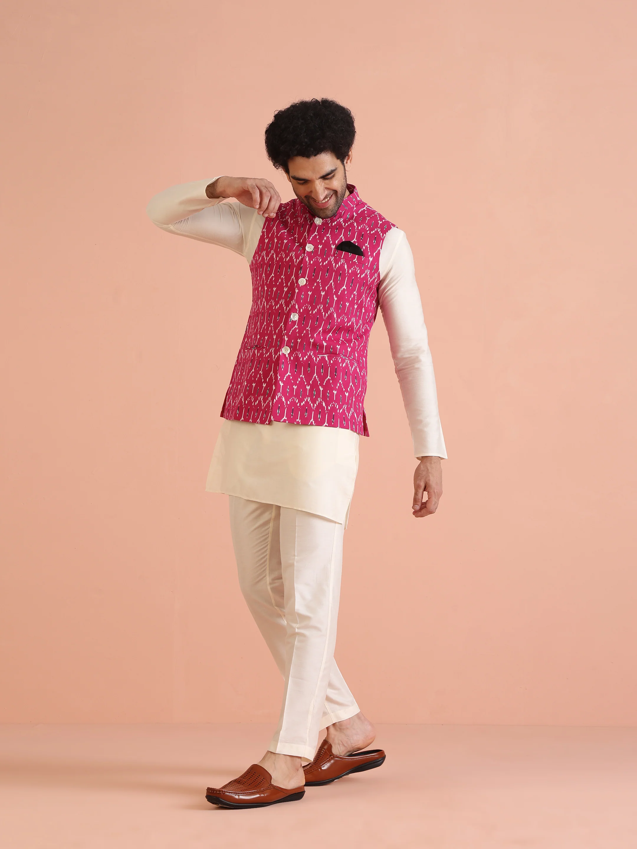 Pink Cotton Silk Ikat Printed Nehru Jacket - Image 4
