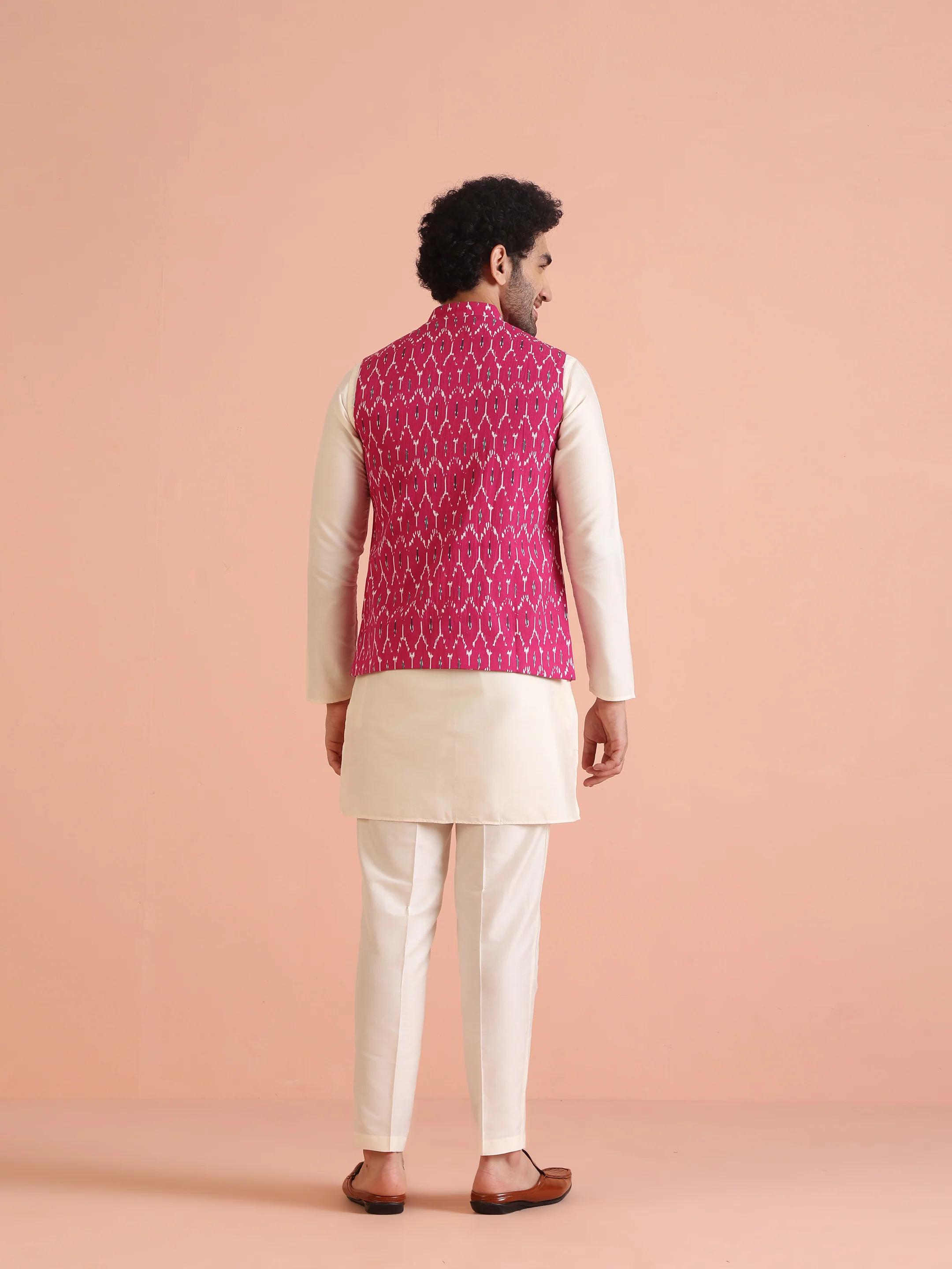 Pink Cotton Silk Ikat Printed Nehru Jacket - Image 5