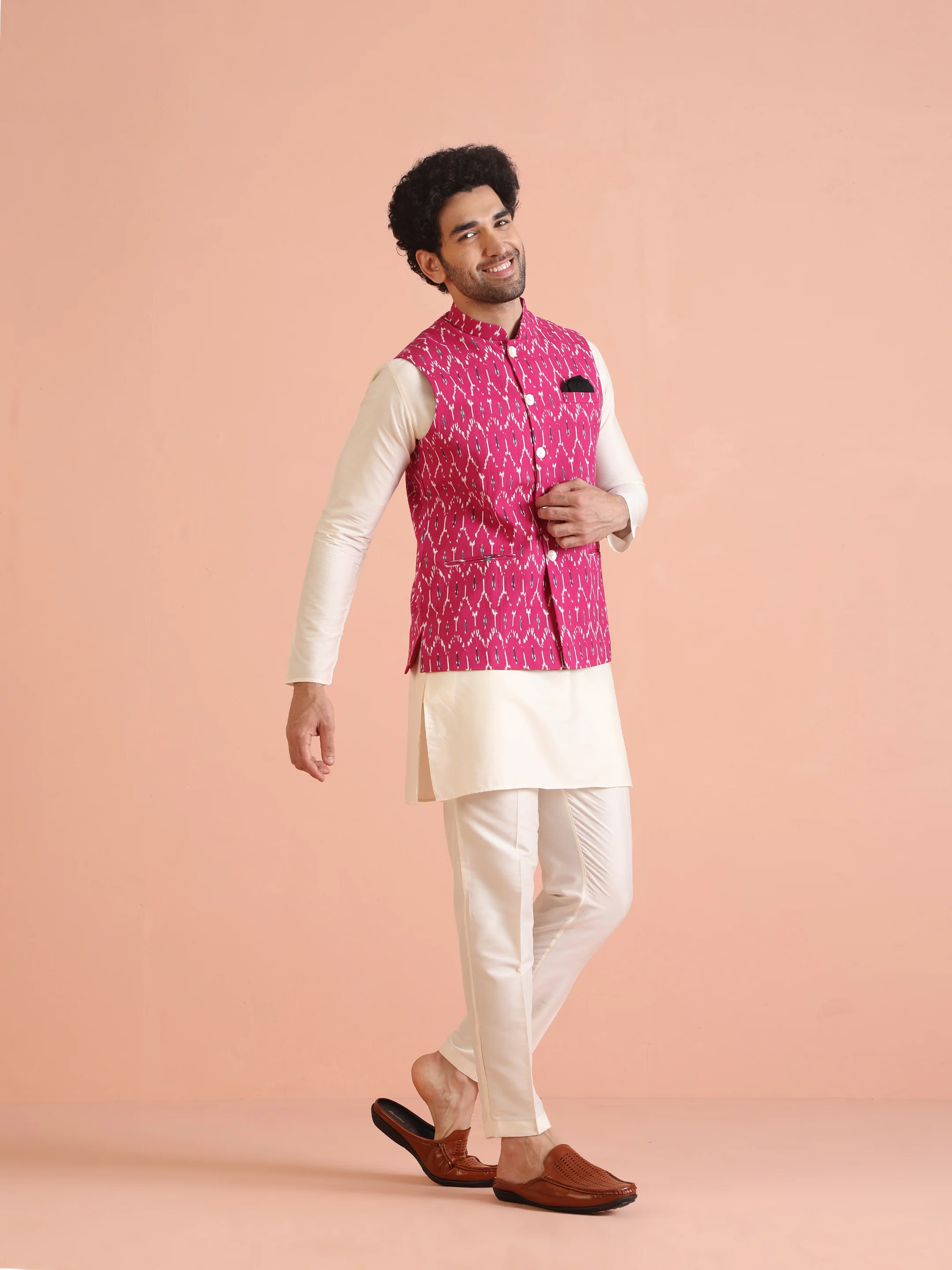 Pink Cotton Silk Ikat Printed Nehru Jacket - Image 8