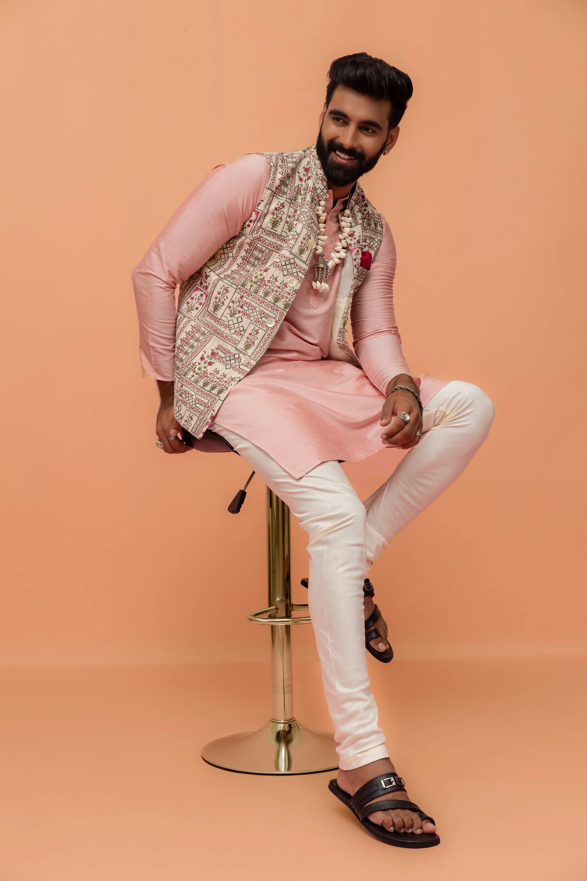 Beige Cotton Floral Printed Nehru Jacket - Image 2