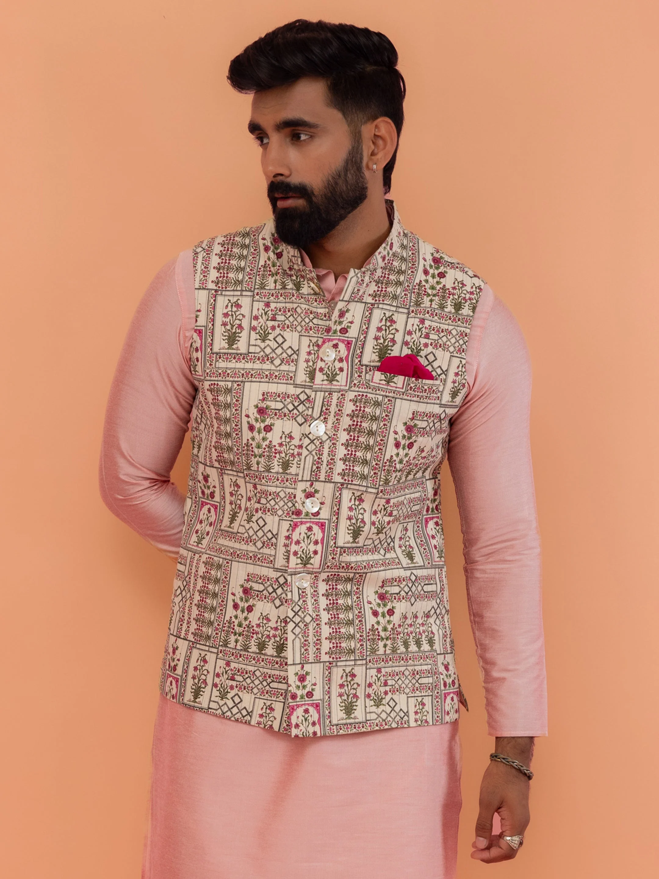 Beige Cotton Floral Printed Nehru Jacket - Image 9