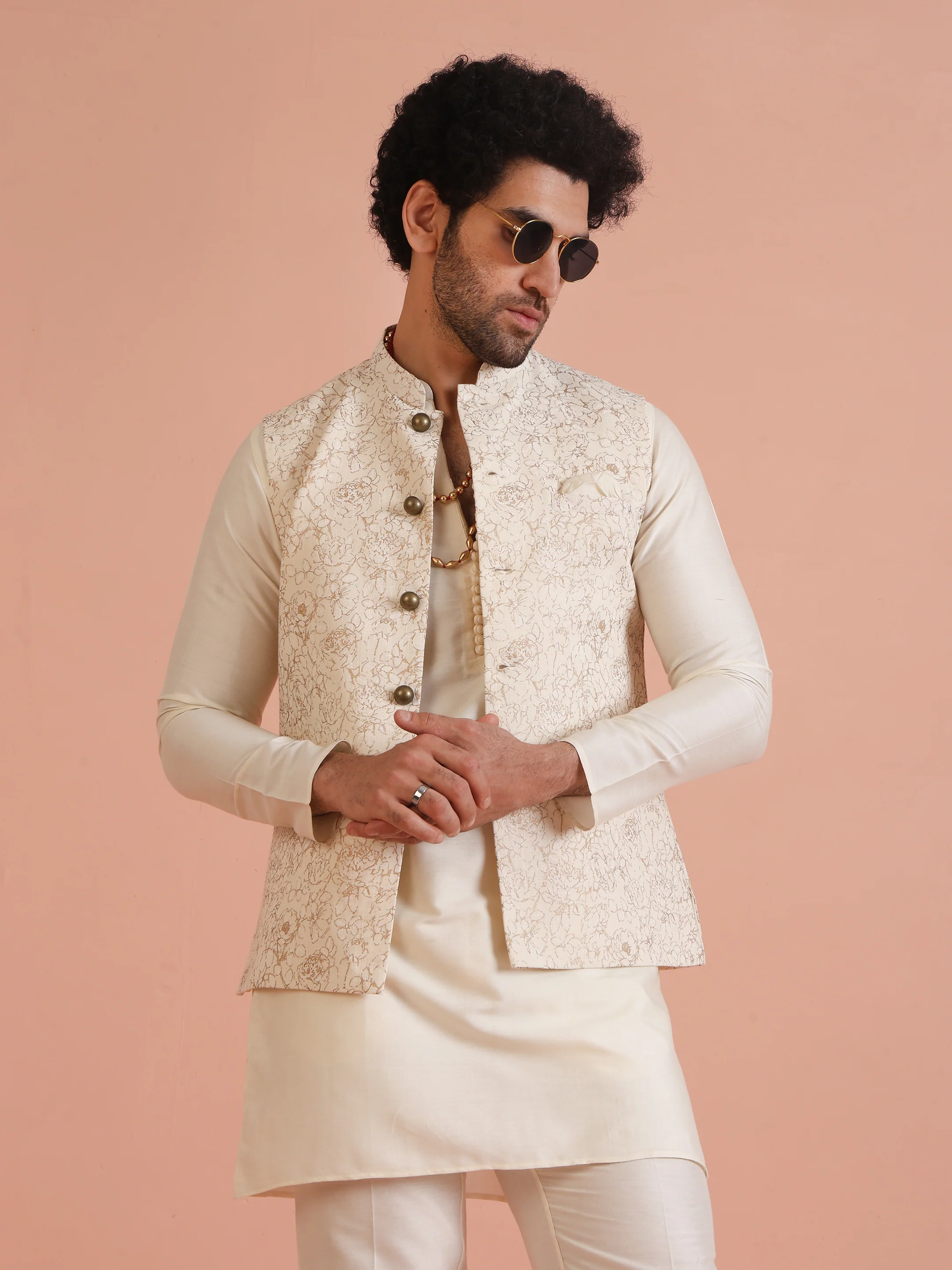 Cream Golden Floral Nehru Jacket