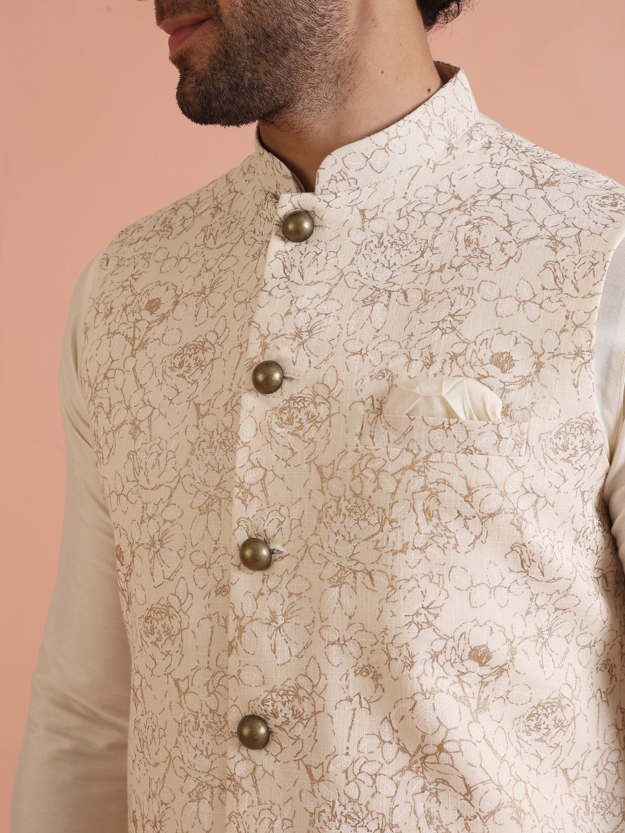 Cream Golden Floral Nehru Jacket - Image 9