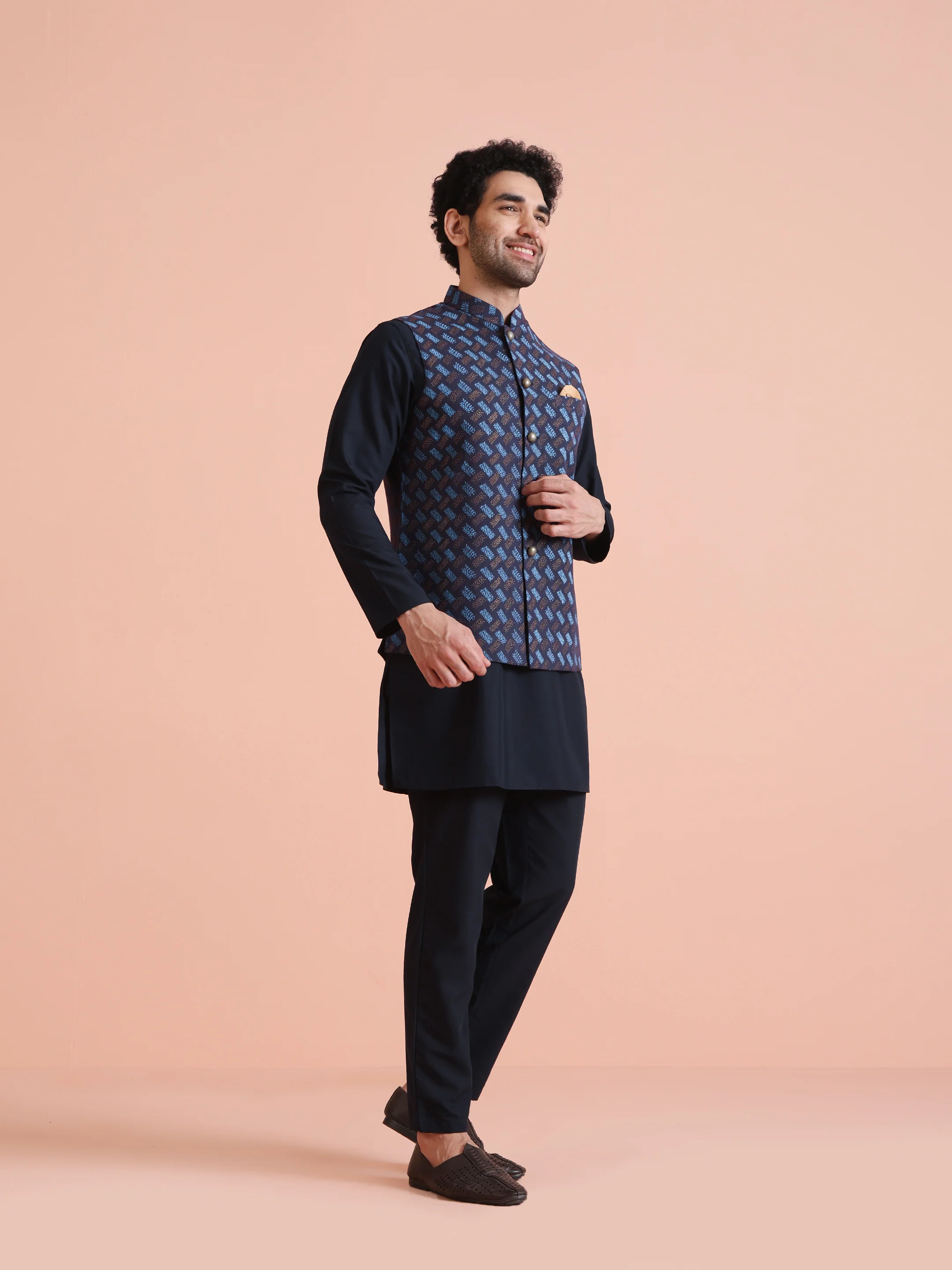 Navy Blue Printed Nehru Jacket - Image 3