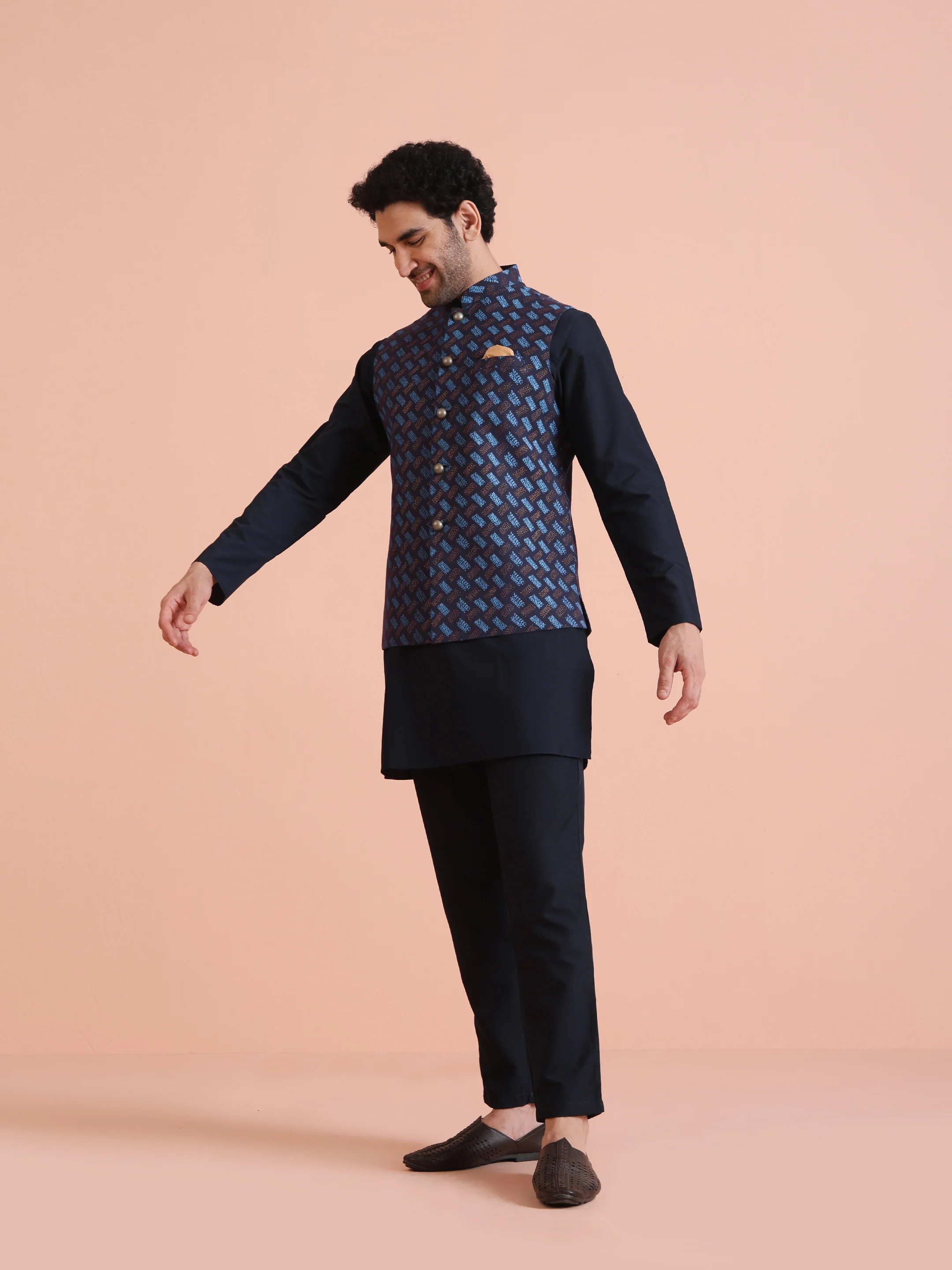 Navy Blue Printed Nehru Jacket - Image 6