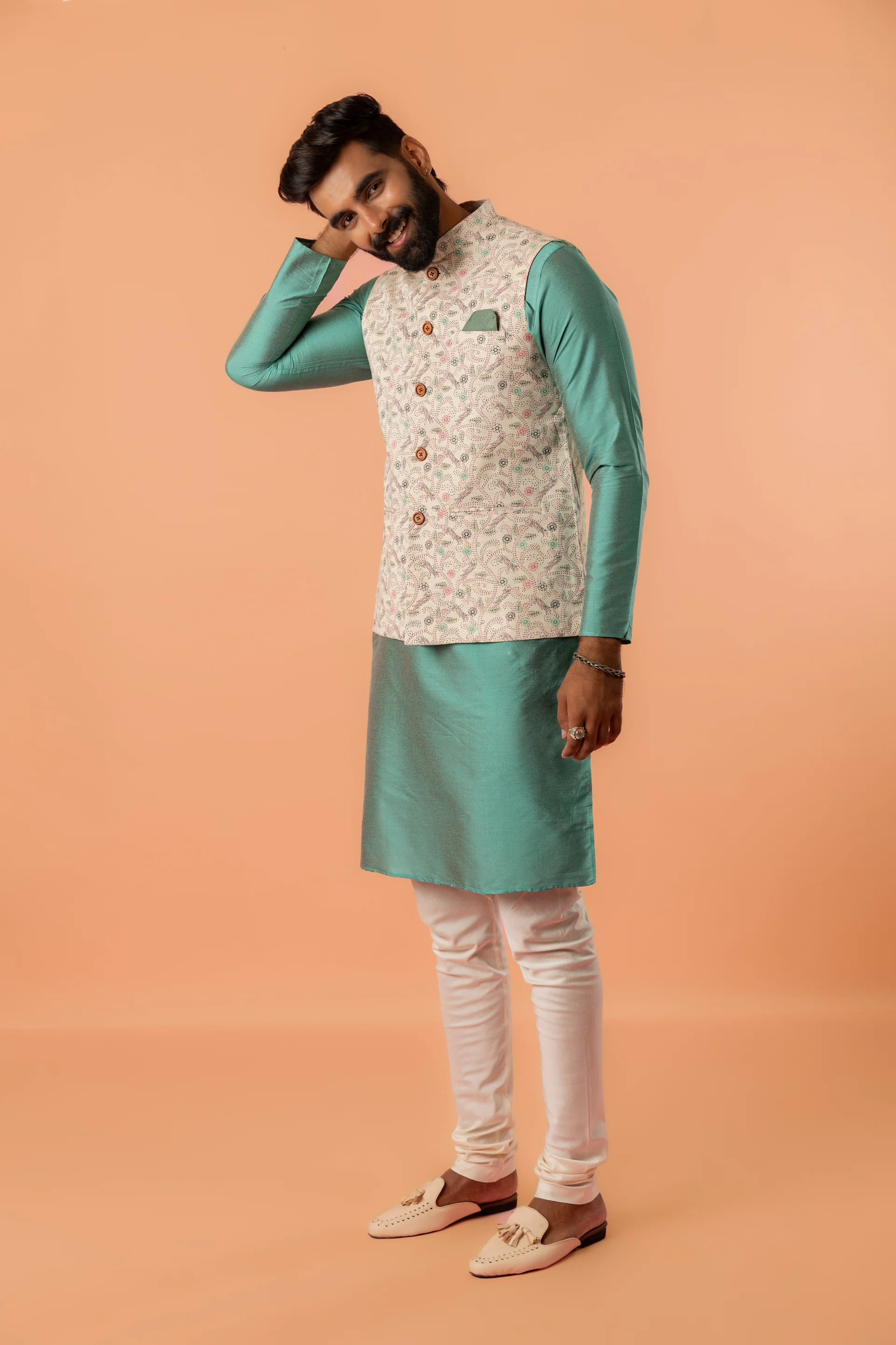 Beige Printed Nehru Jacket - Image 4