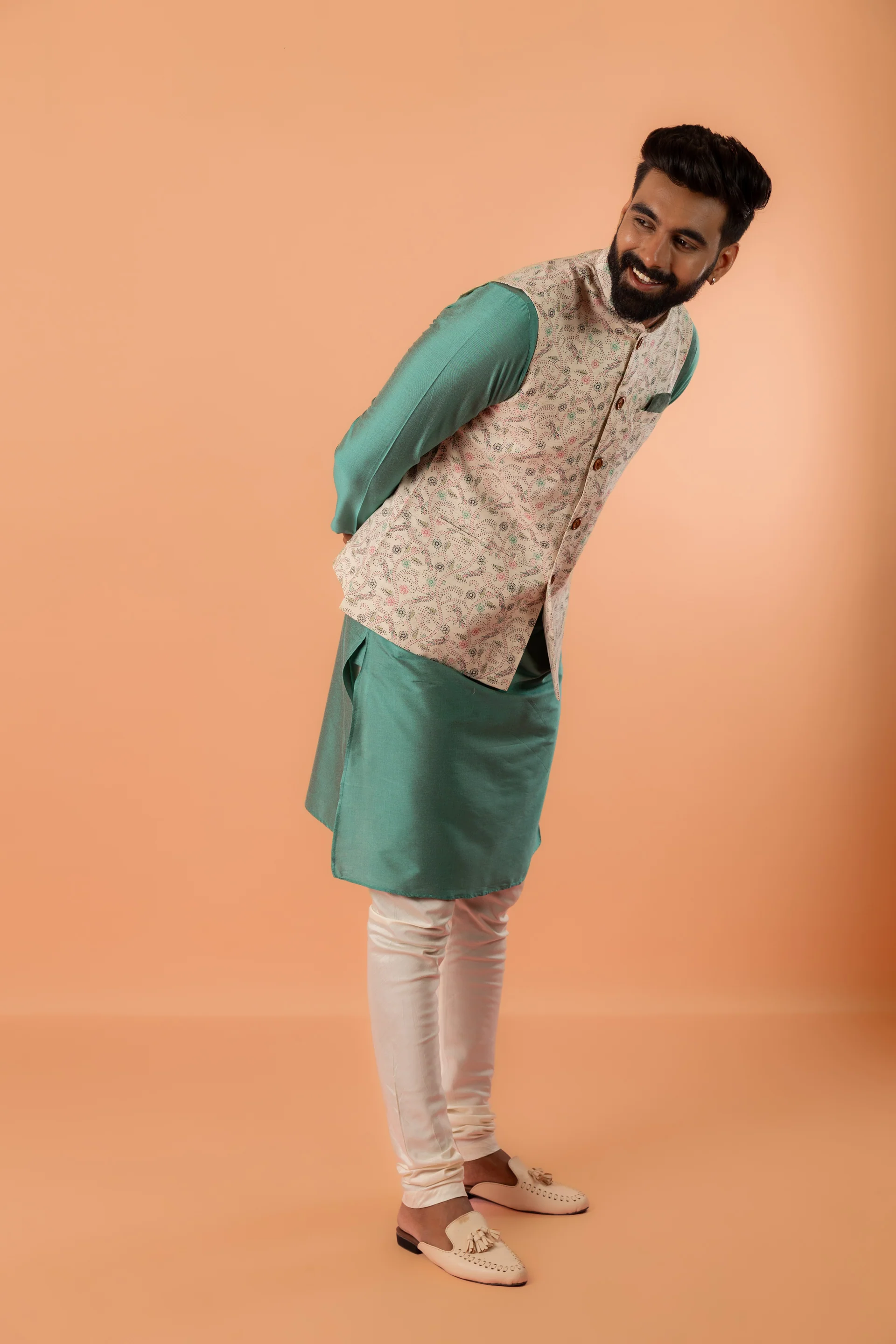Beige Printed Nehru Jacket - Image 5