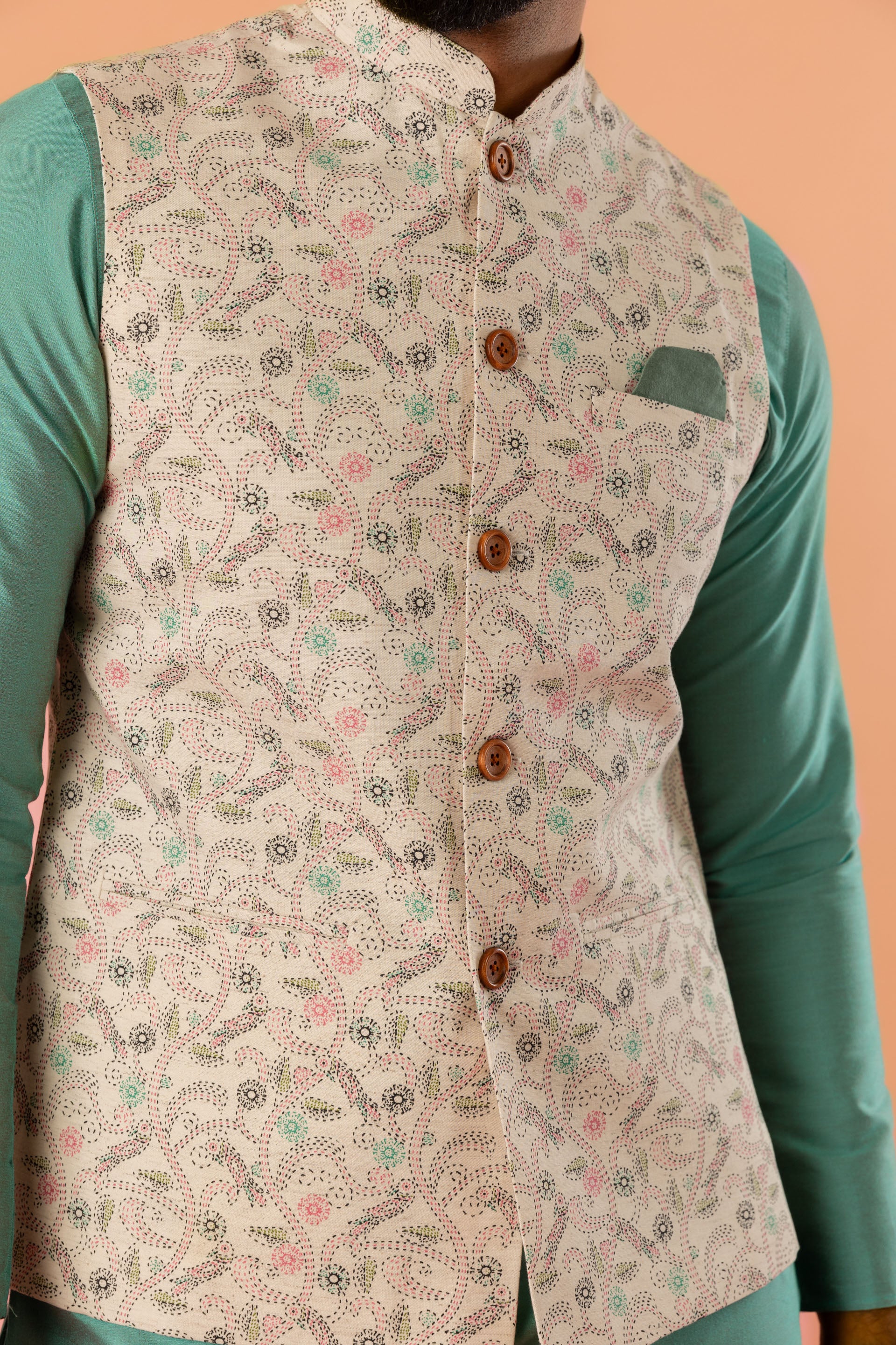 Beige Printed Nehru Jacket - Image 7