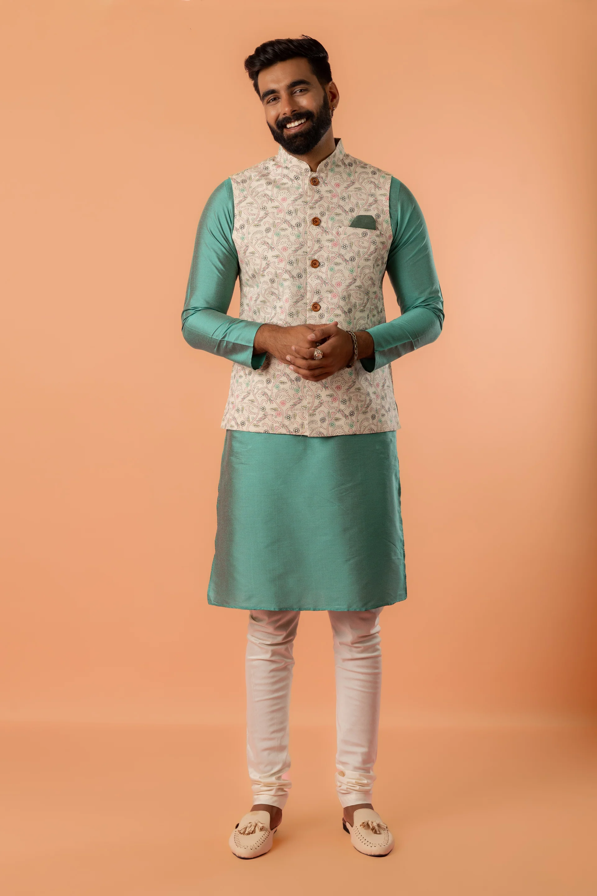 Beige Printed Nehru Jacket - Image 8