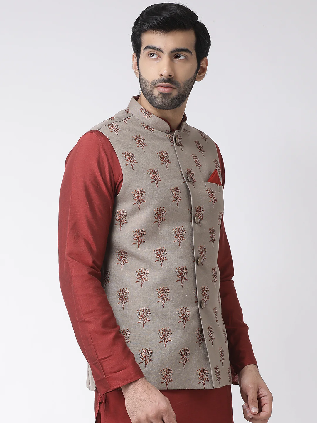 Men Maroon Printed Nehru Jacket - Image 2