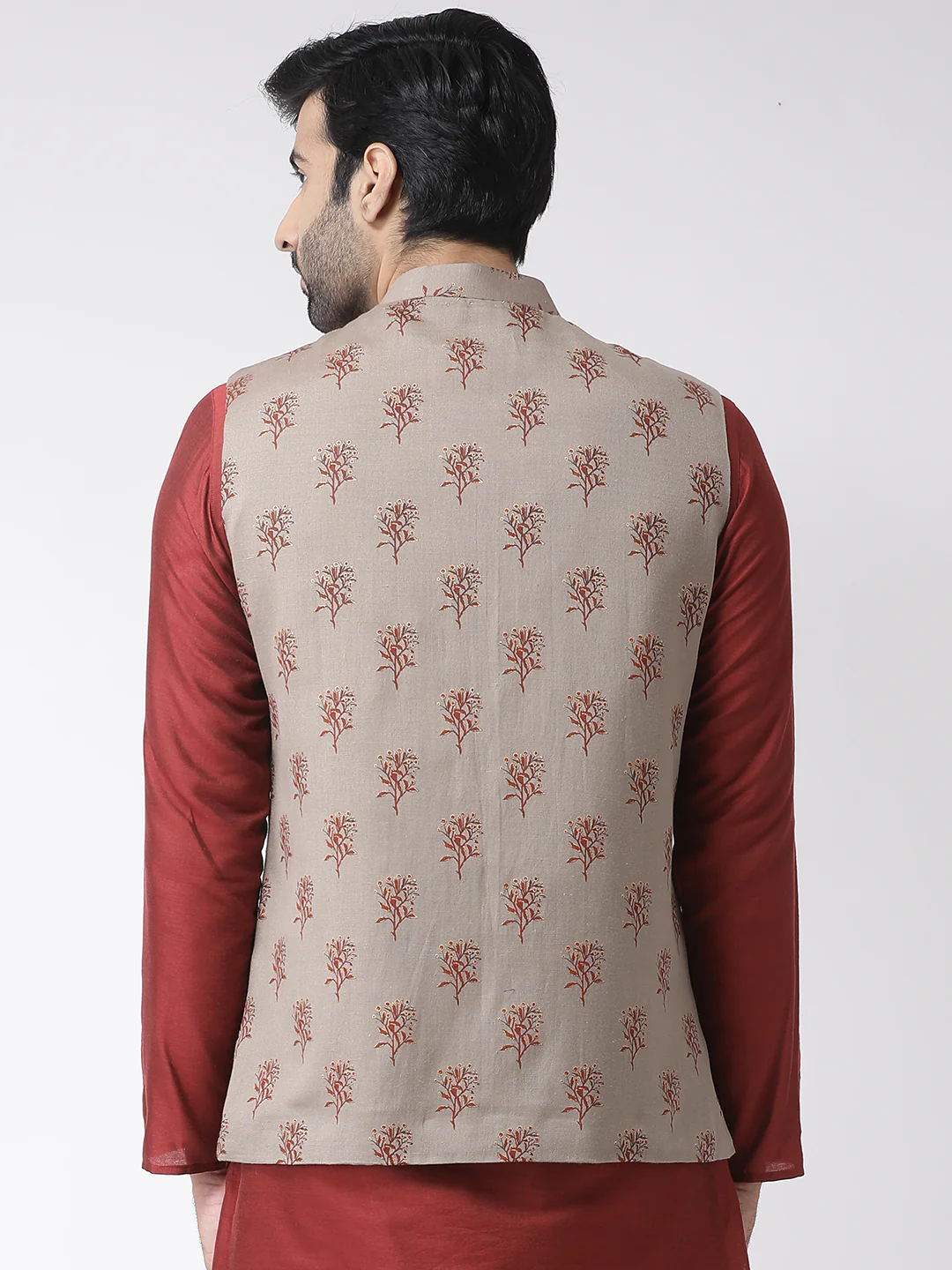 Men Maroon Printed Nehru Jacket - Image 3