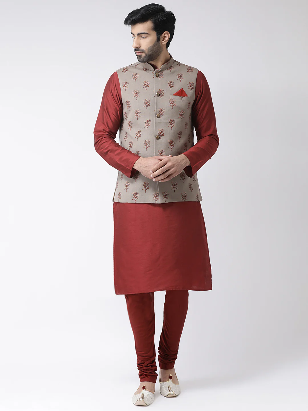 Men Maroon Printed Nehru Jacket - Image 5