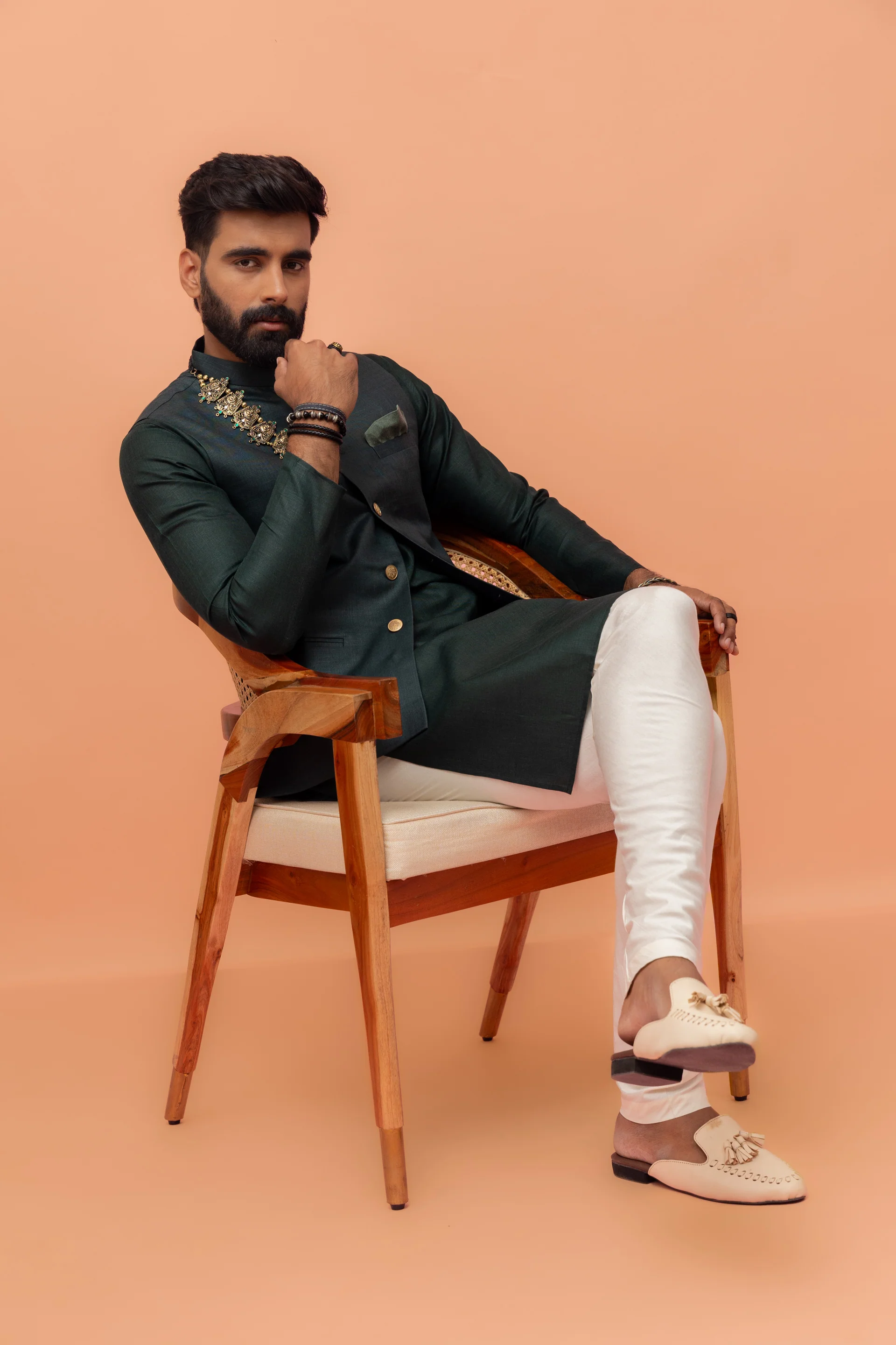 Men Green Solid Nehru Jacket - Image 4