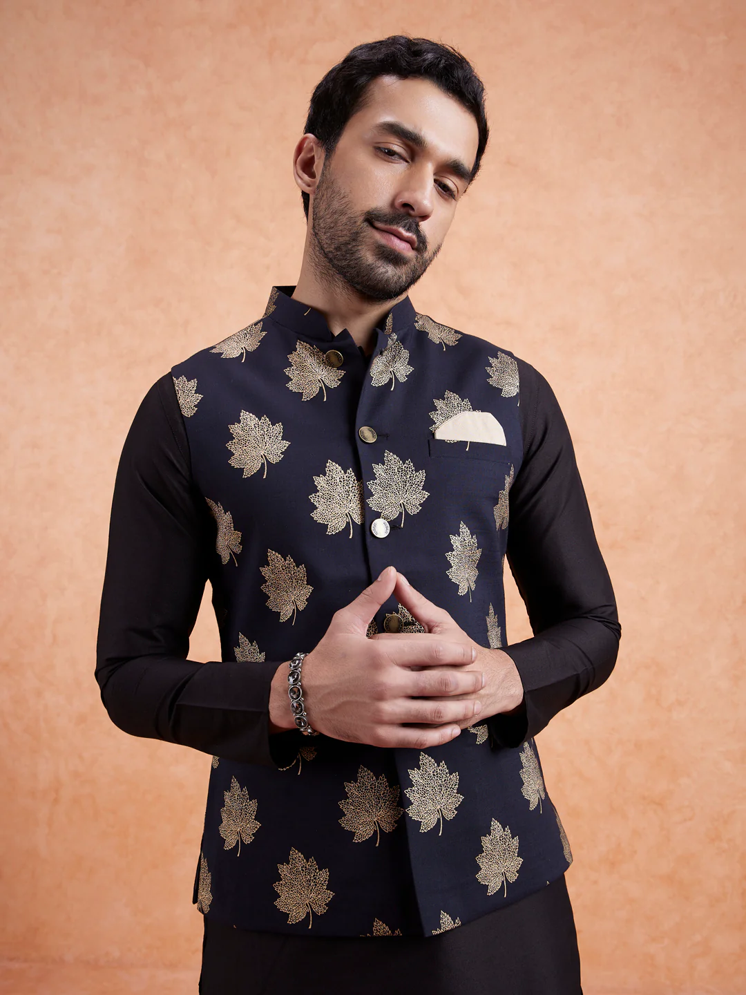 Black Silk Printed Nehru Jacket Bundi - Image 2