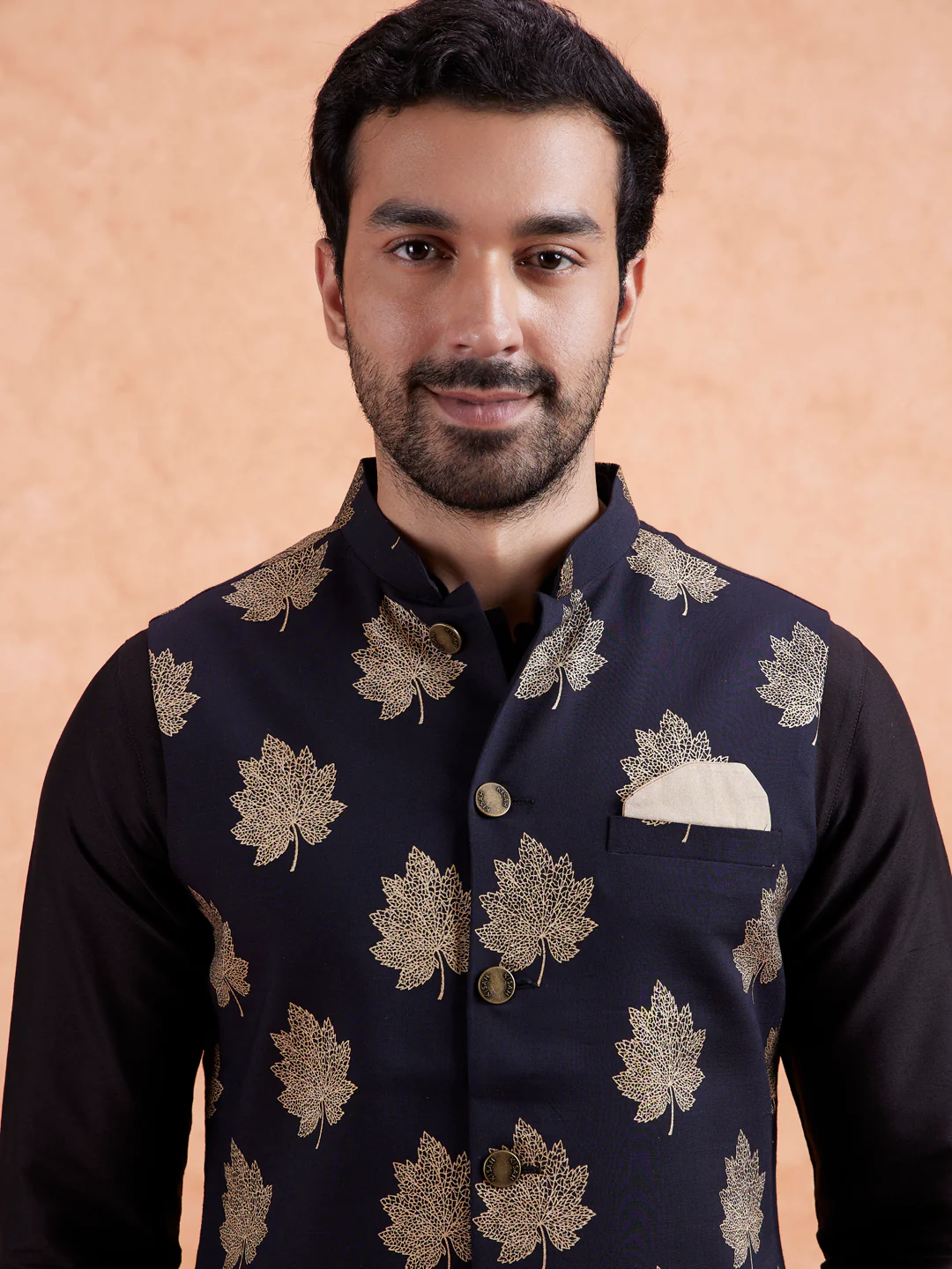 Black Silk Printed Nehru Jacket Bundi - Image 3