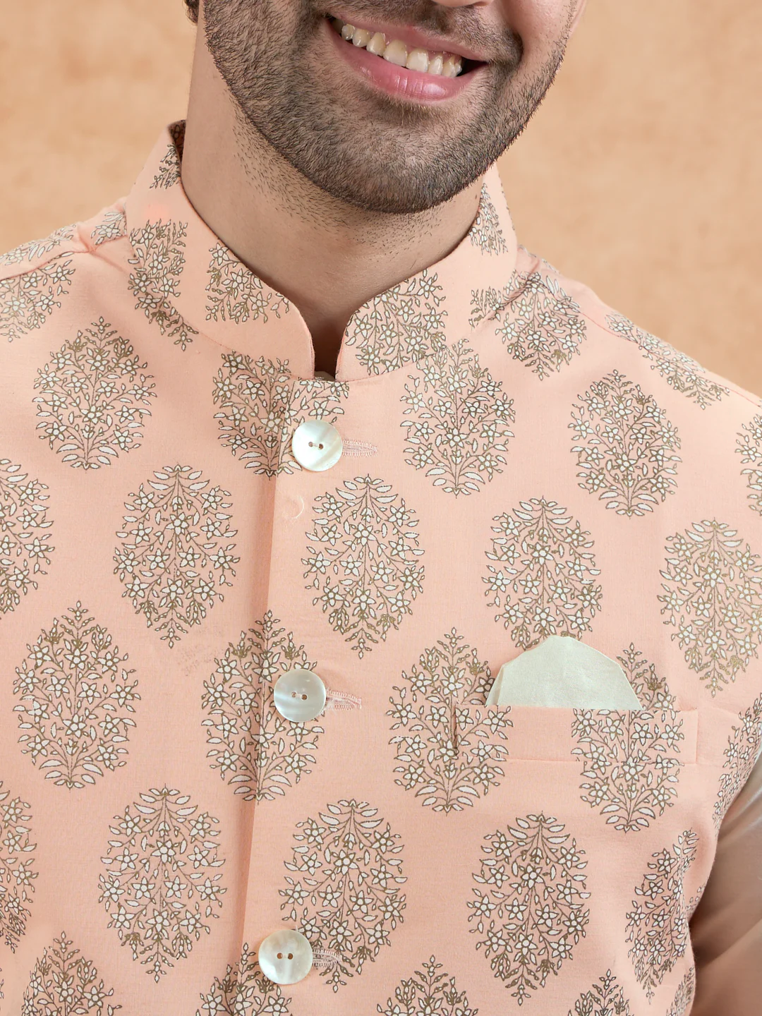 Peach Nehru Jacket with all over print - Image 2